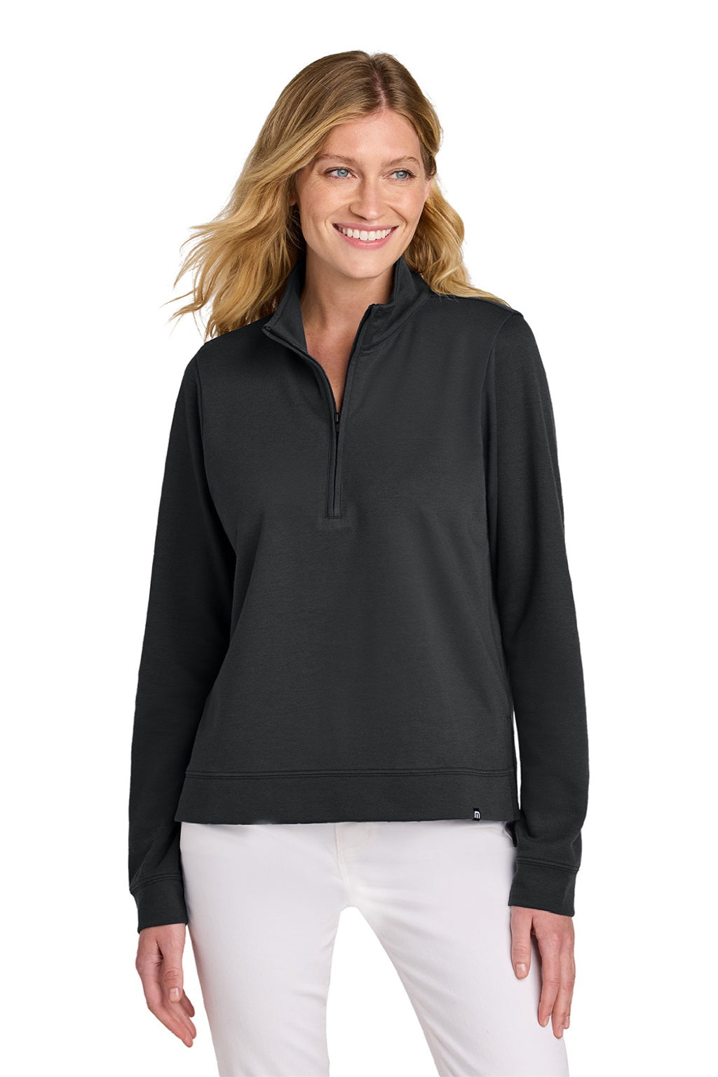 TravisMathew TM1LD007 Womens Coveside Wrinkle Resistant 1/4 Zip Sweatshirt Black Model Front
