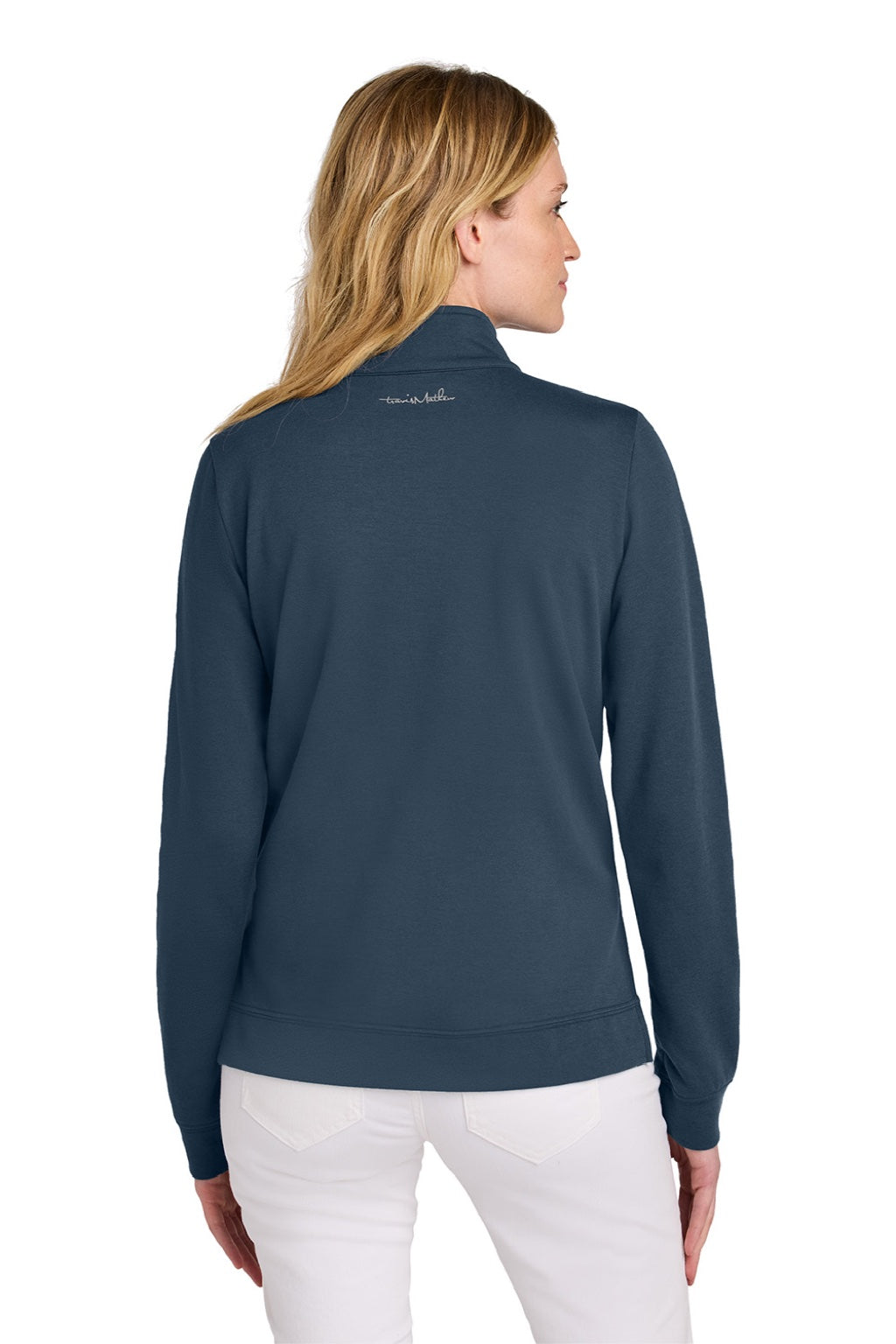TravisMathew TM1LD007 Womens Coveside Wrinkle Resistant 1/4 Zip Sweatshirt Blue Nights Model Back