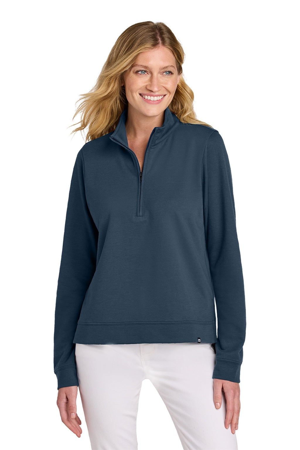 TravisMathew TM1LD007 Womens Coveside Wrinkle Resistant 1/4 Zip Sweatshirt Blue Nights Model Front