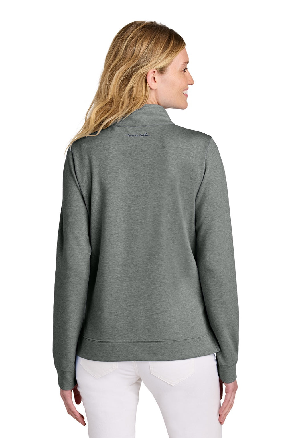 TravisMathew TM1LD007 Womens Coveside Wrinkle Resistant 1/4 Zip Sweatshirt Heather Dark Grey Model Back