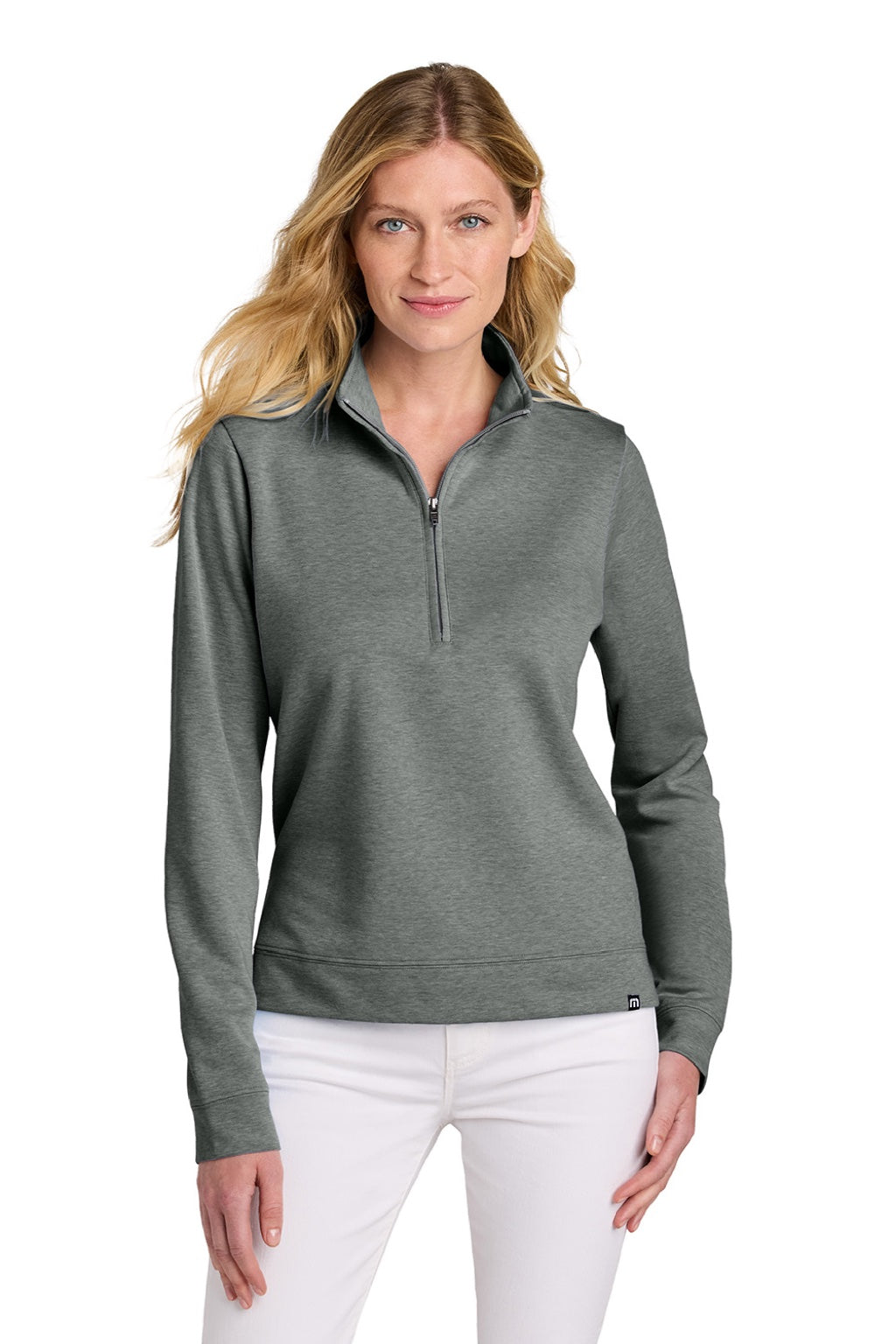 TravisMathew TM1LD007 Womens Coveside Wrinkle Resistant 1/4 Zip Sweatshirt Heather Dark Grey Model Front