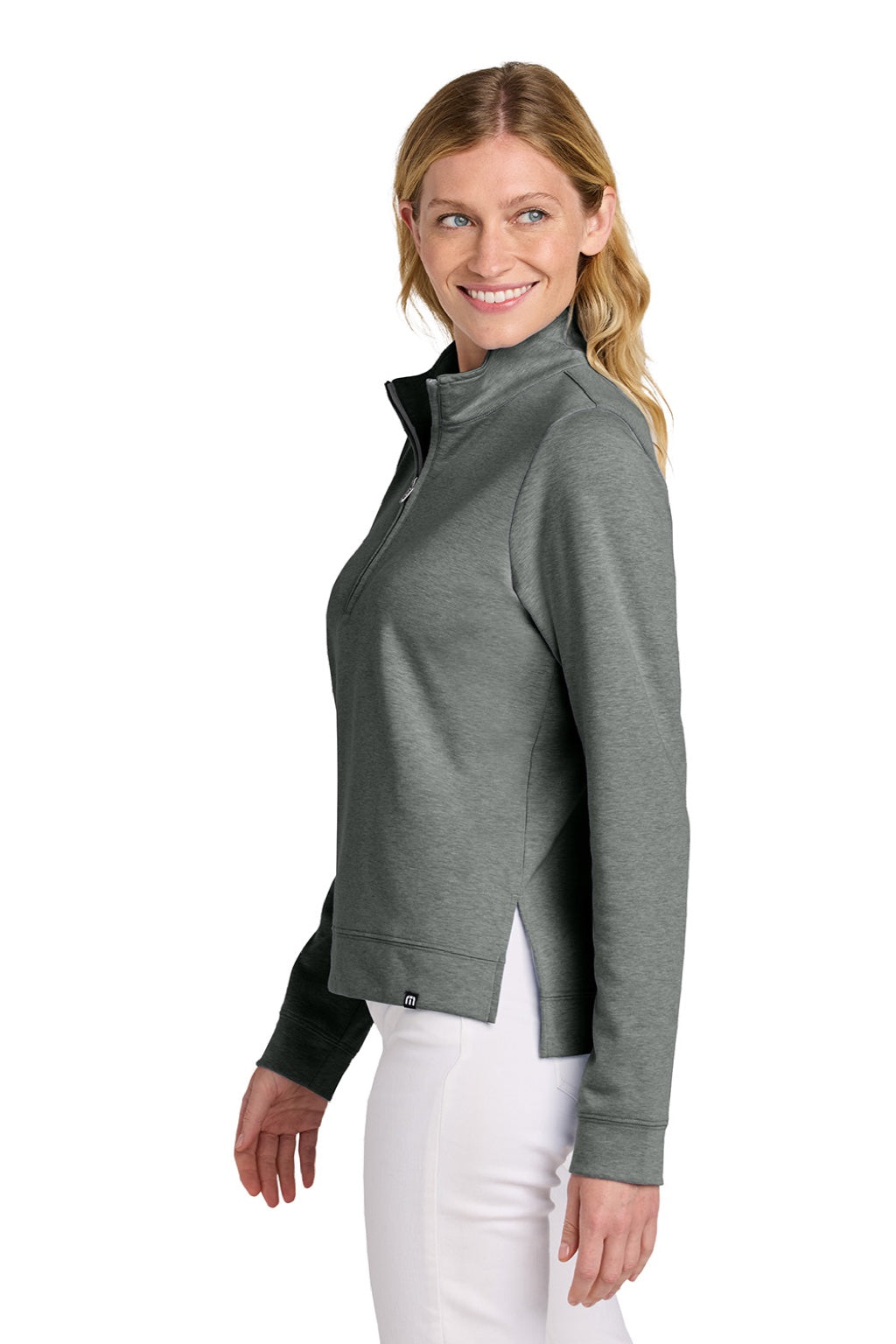 TravisMathew TM1LD007 Womens Coveside Wrinkle Resistant 1/4 Zip Sweatshirt Heather Dark Grey Model Side