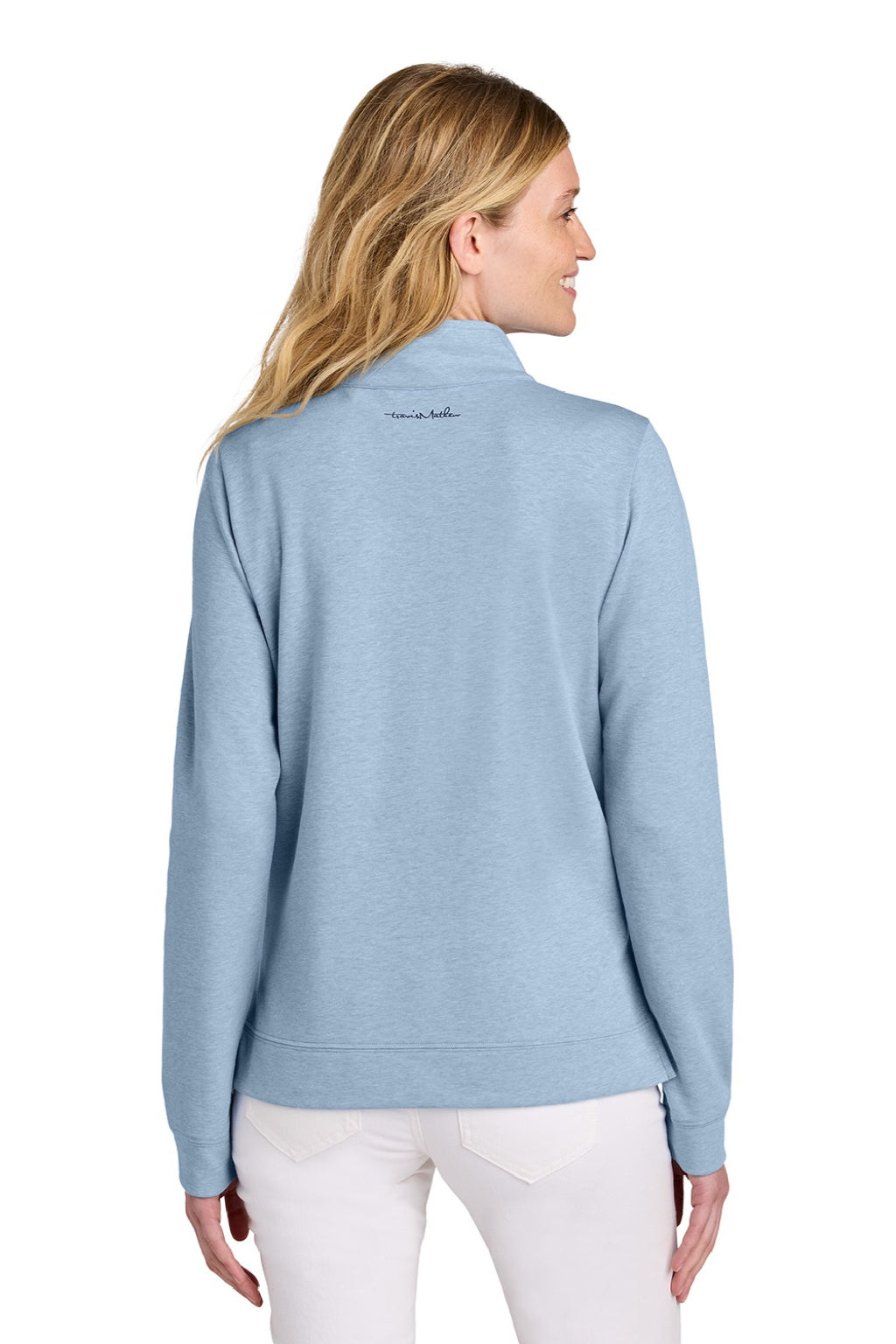 TravisMathew TM1LD007 Womens Coveside Wrinkle Resistant 1/4 Zip Sweatshirt Heather Light Blue Model Back