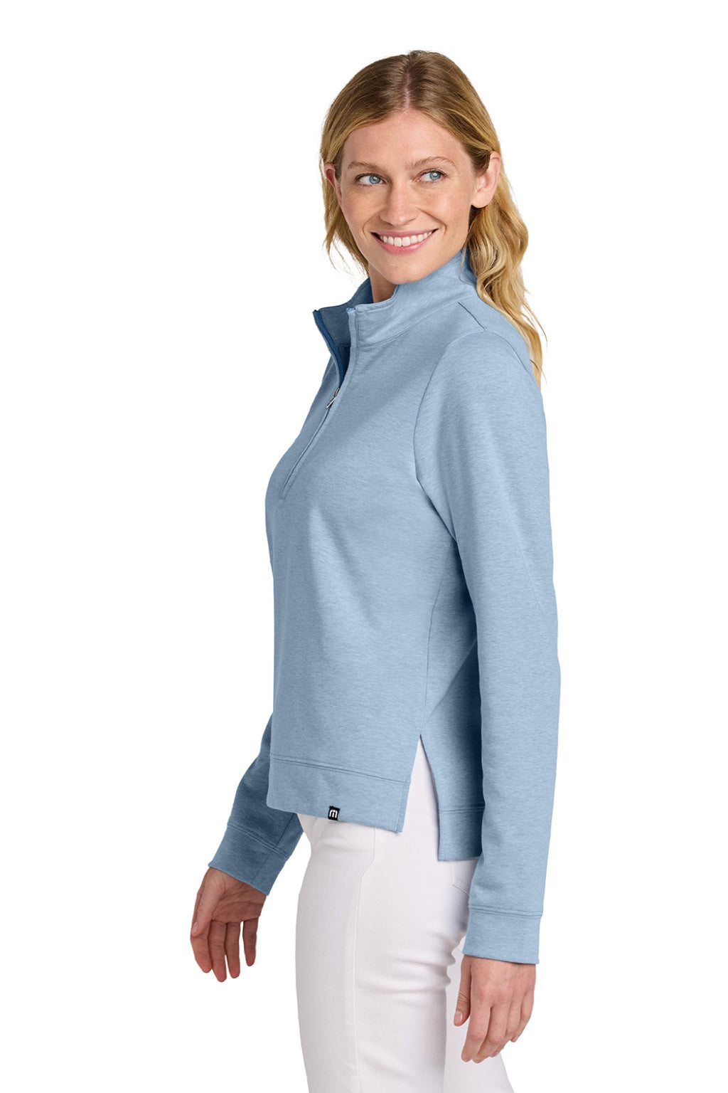 TravisMathew TM1LD007 Womens Coveside Wrinkle Resistant 1/4 Zip Sweatshirt Heather Light Blue Model Side