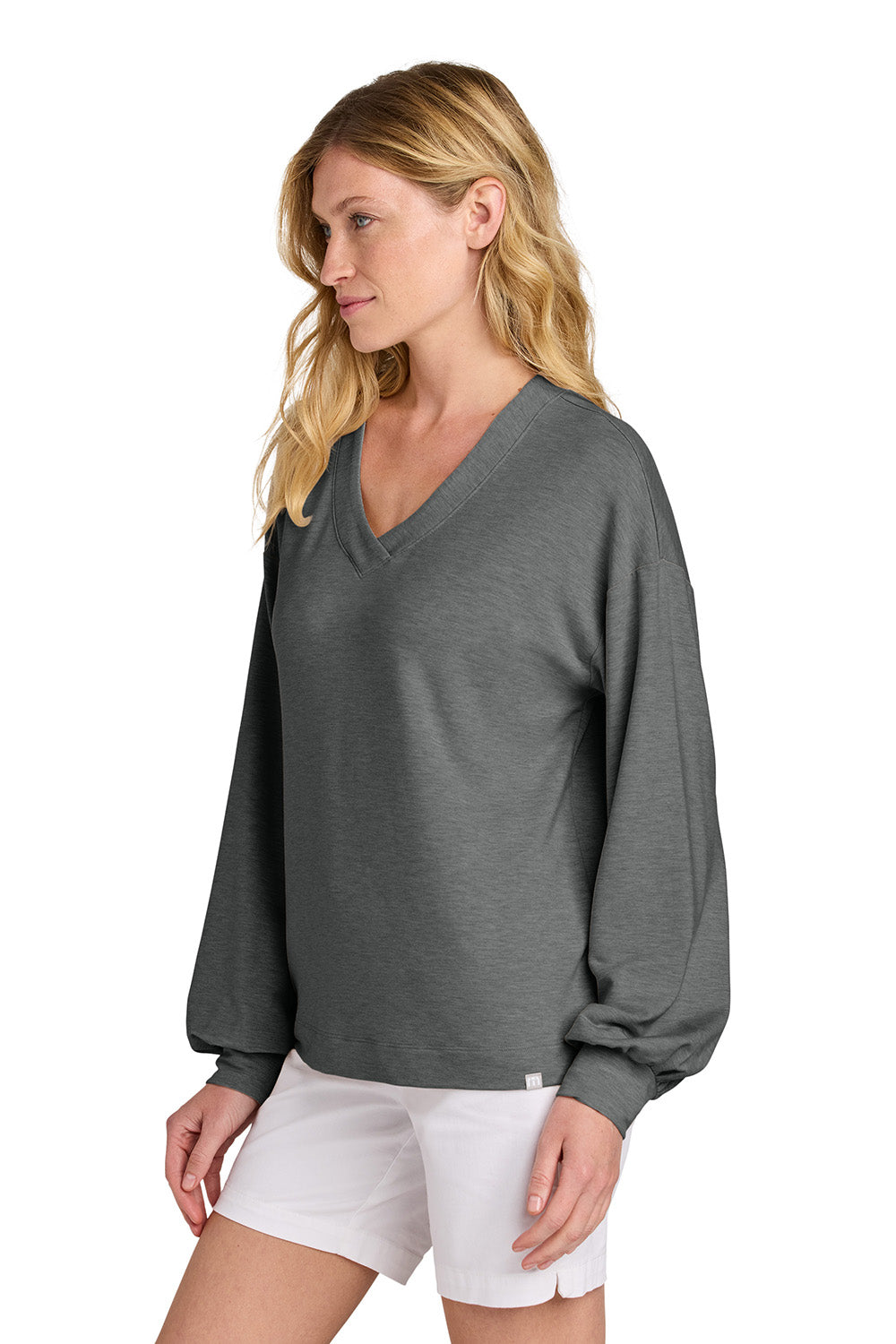 TravisMathew TM1LD009 Womens Long Weekend V-Neck Sweatshirt Heather Dark Grey Model Side