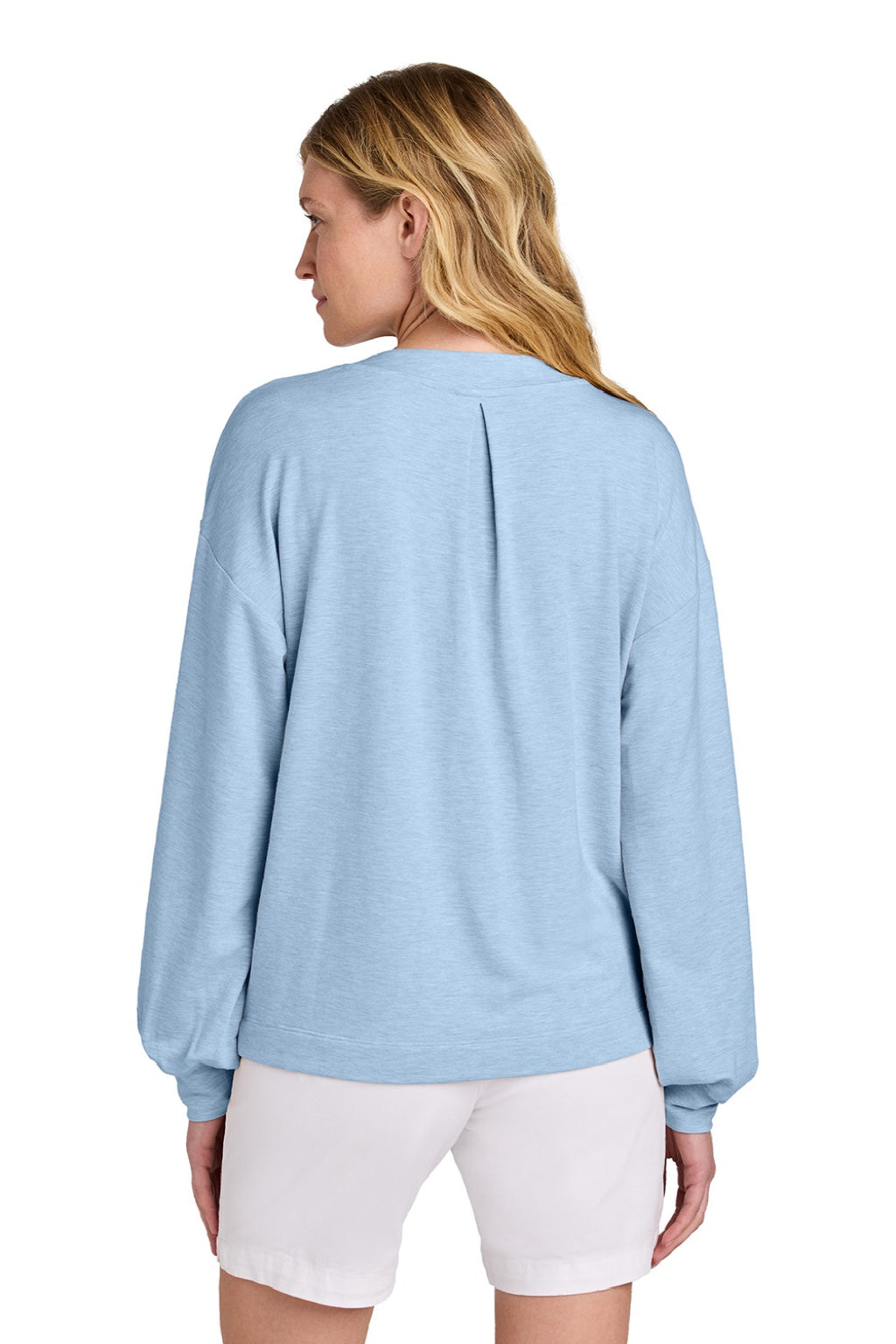 TravisMathew TM1LD009 Womens Long Weekend V-Neck Sweatshirt Heather Kentucky Blue Model Back