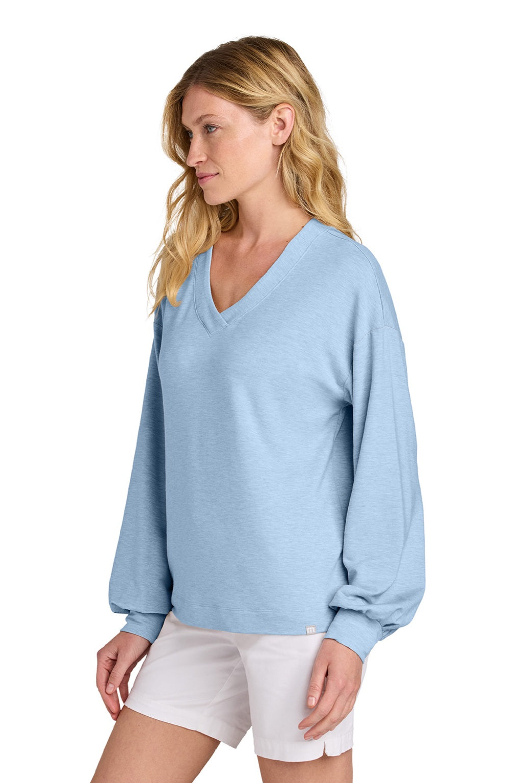 TravisMathew TM1LD009 Womens Long Weekend V-Neck Sweatshirt Heather Kentucky Blue Model Side
