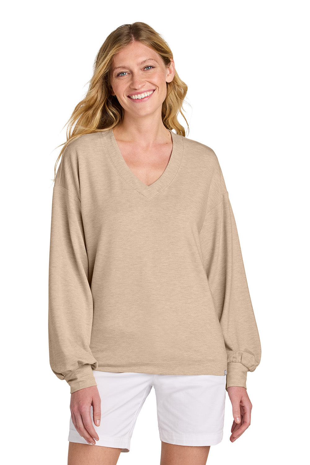 TravisMathew TM1LD009 Womens Long Weekend V-Neck Sweatshirt Heather Natural Model Front