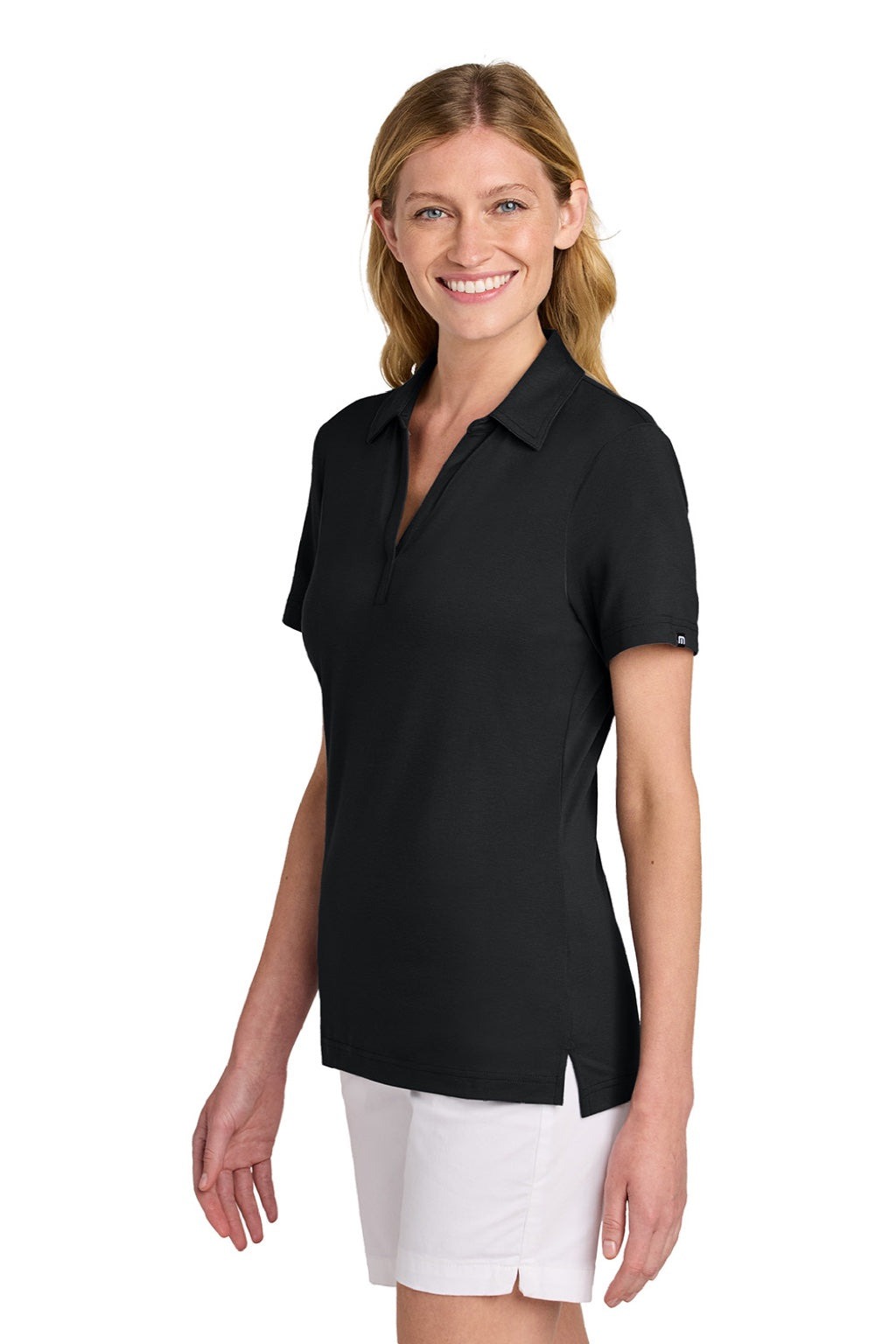TravisMathew TM1LF071 Womens Glenview Wrinkle Resistant Short Sleeve Polo Shirt Black Model Side