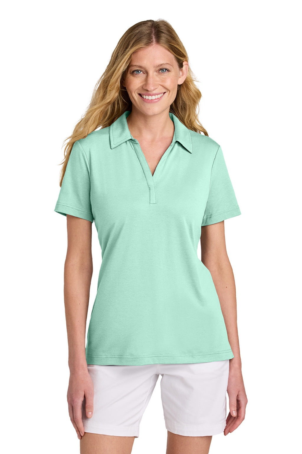 TravisMathew TM1LF071 Womens Glenview Wrinkle Resistant Short Sleeve Polo Shirt Mint Green Model Front