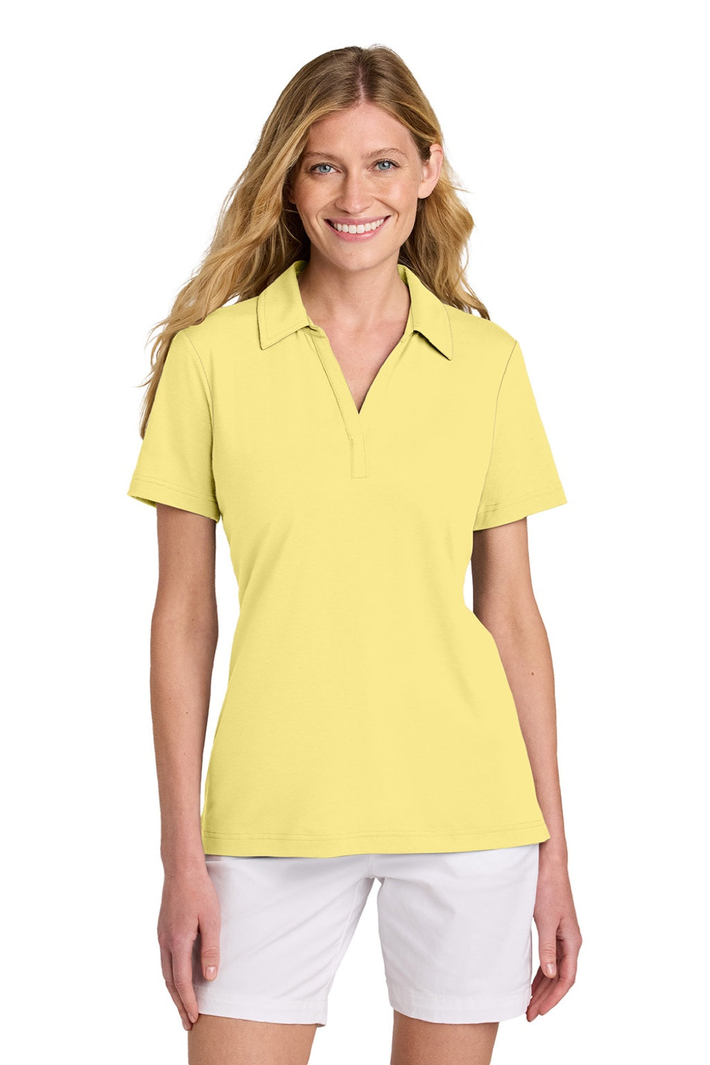 TravisMathew TM1LF071 Womens Glenview Wrinkle Resistant Short Sleeve Polo Shirt Pale Yellow Model Front