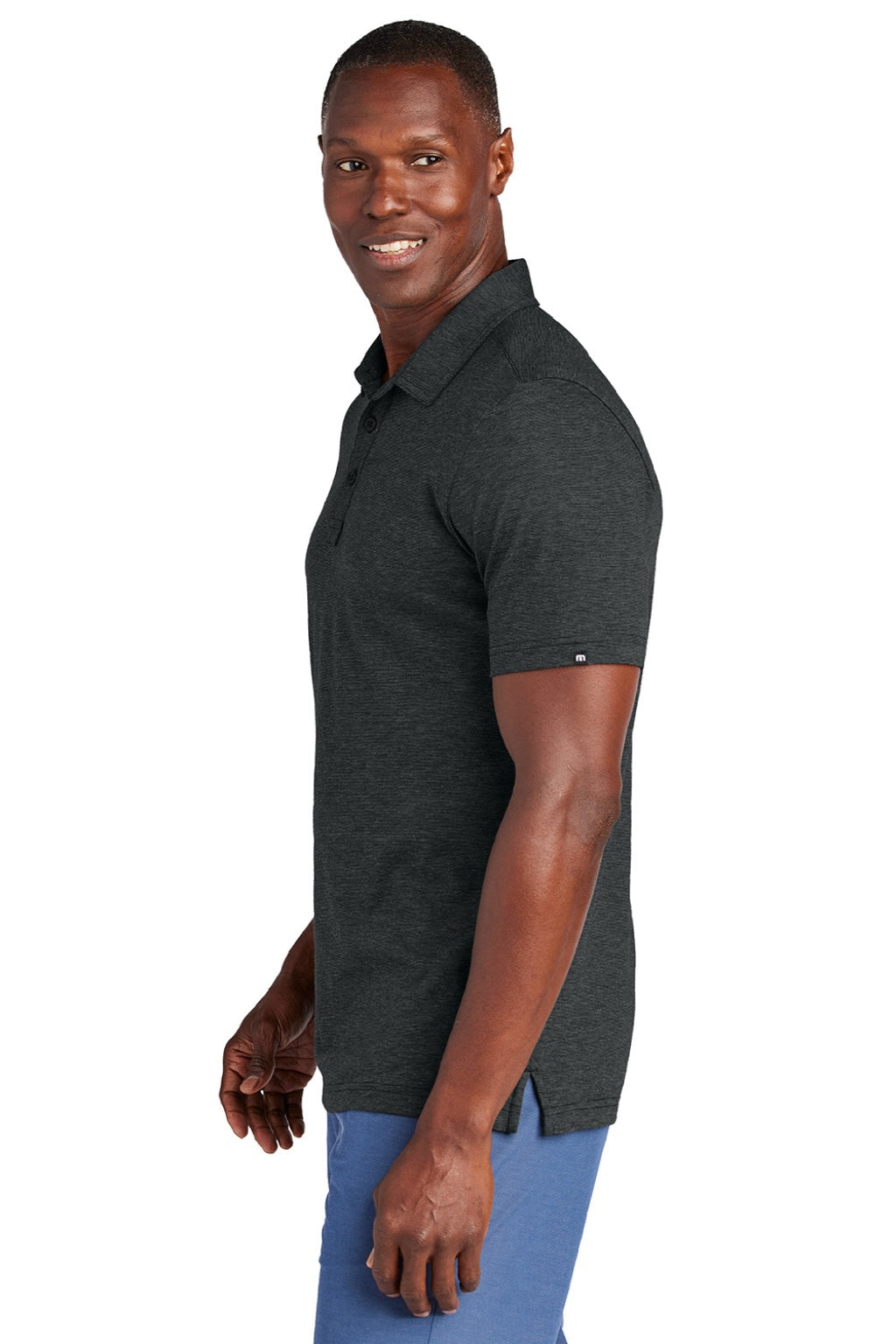 TravisMathew TM1MAA369 Mens Sunnyvale Wrinkle Resistant Short Sleeve Polo Shirt Heather Black Model Side