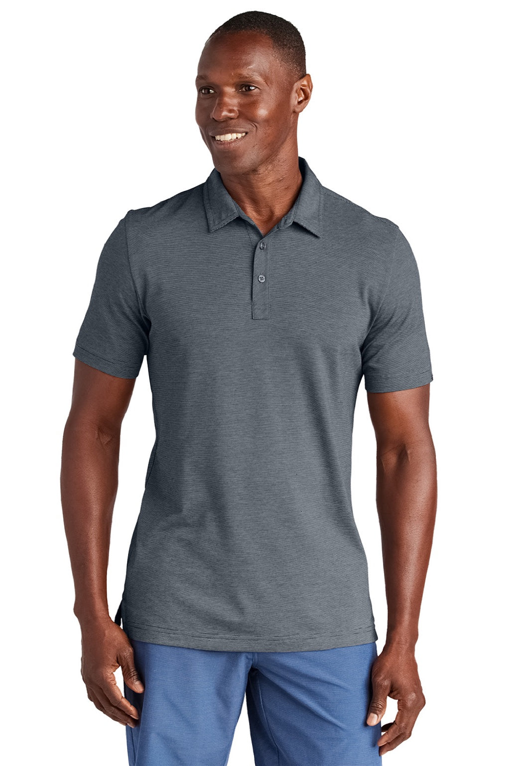 TravisMathew TM1MAA369 Mens Sunnyvale Wrinkle Resistant Short Sleeve Polo Shirt Heather Night Blue Model Front