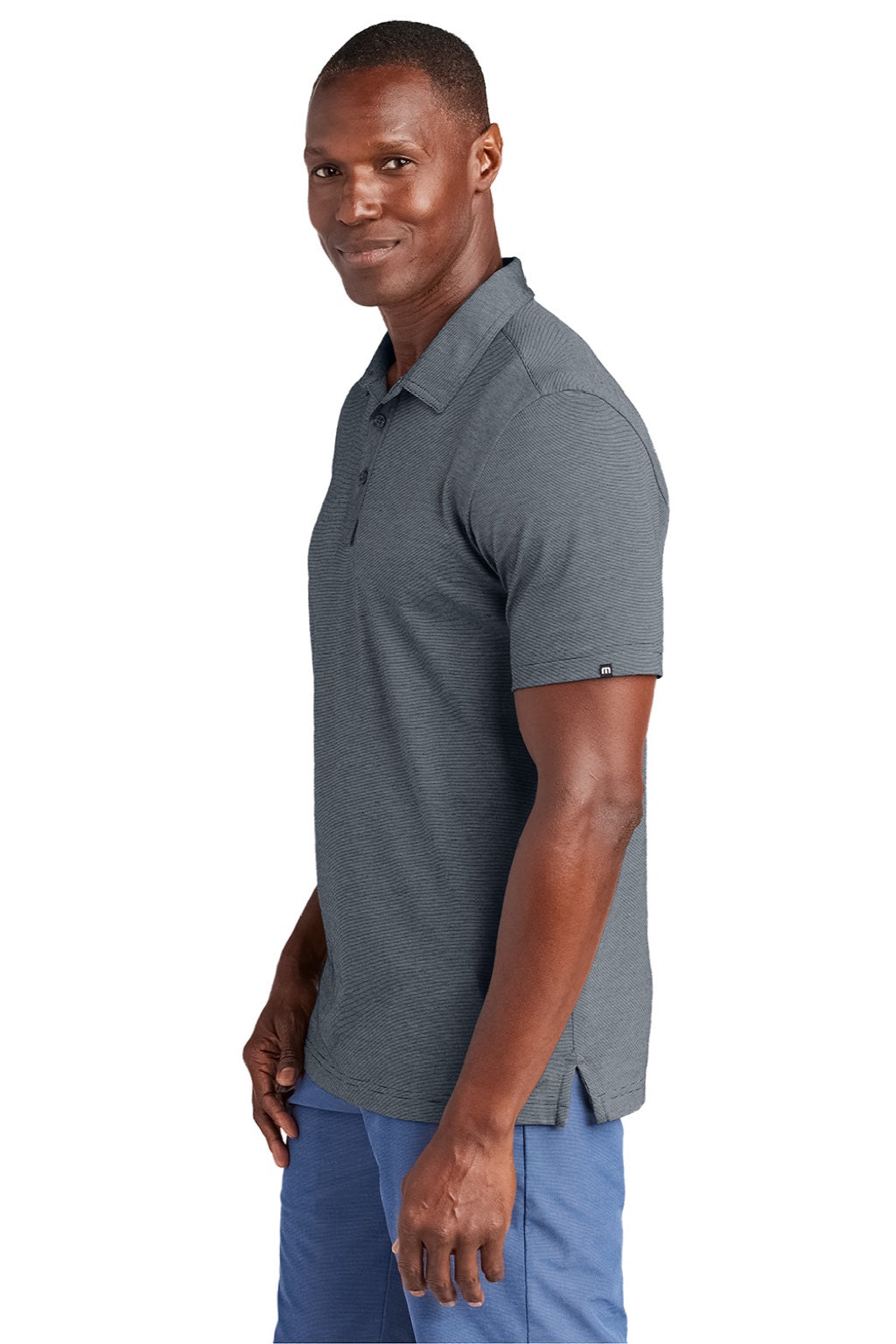 TravisMathew TM1MAA369 Mens Sunnyvale Wrinkle Resistant Short Sleeve Polo Shirt Heather Night Blue Model Side