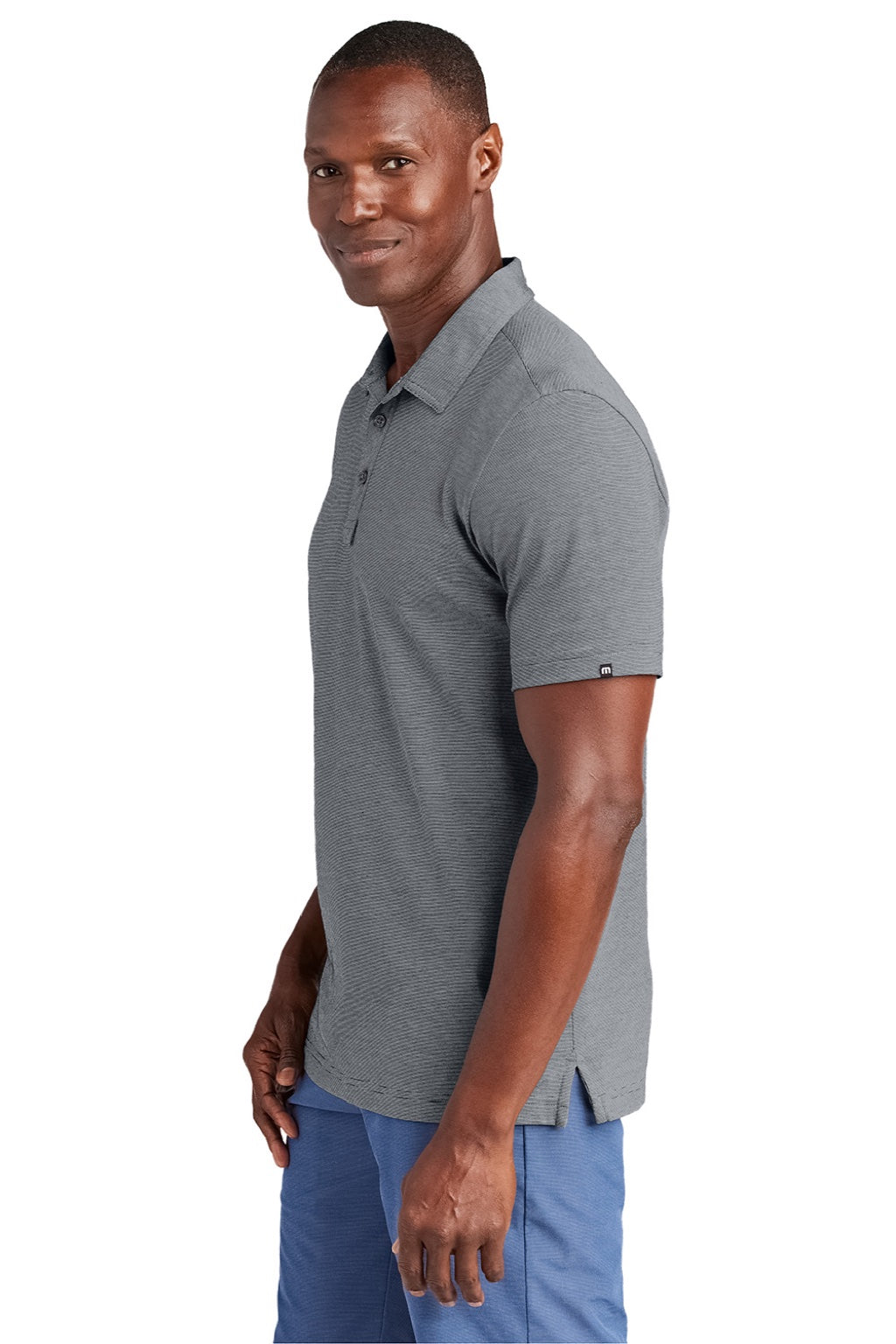 TravisMathew TM1MAA369 Mens Sunnyvale Wrinkle Resistant Short Sleeve Polo Shirt Heather Dark Grey Model Side