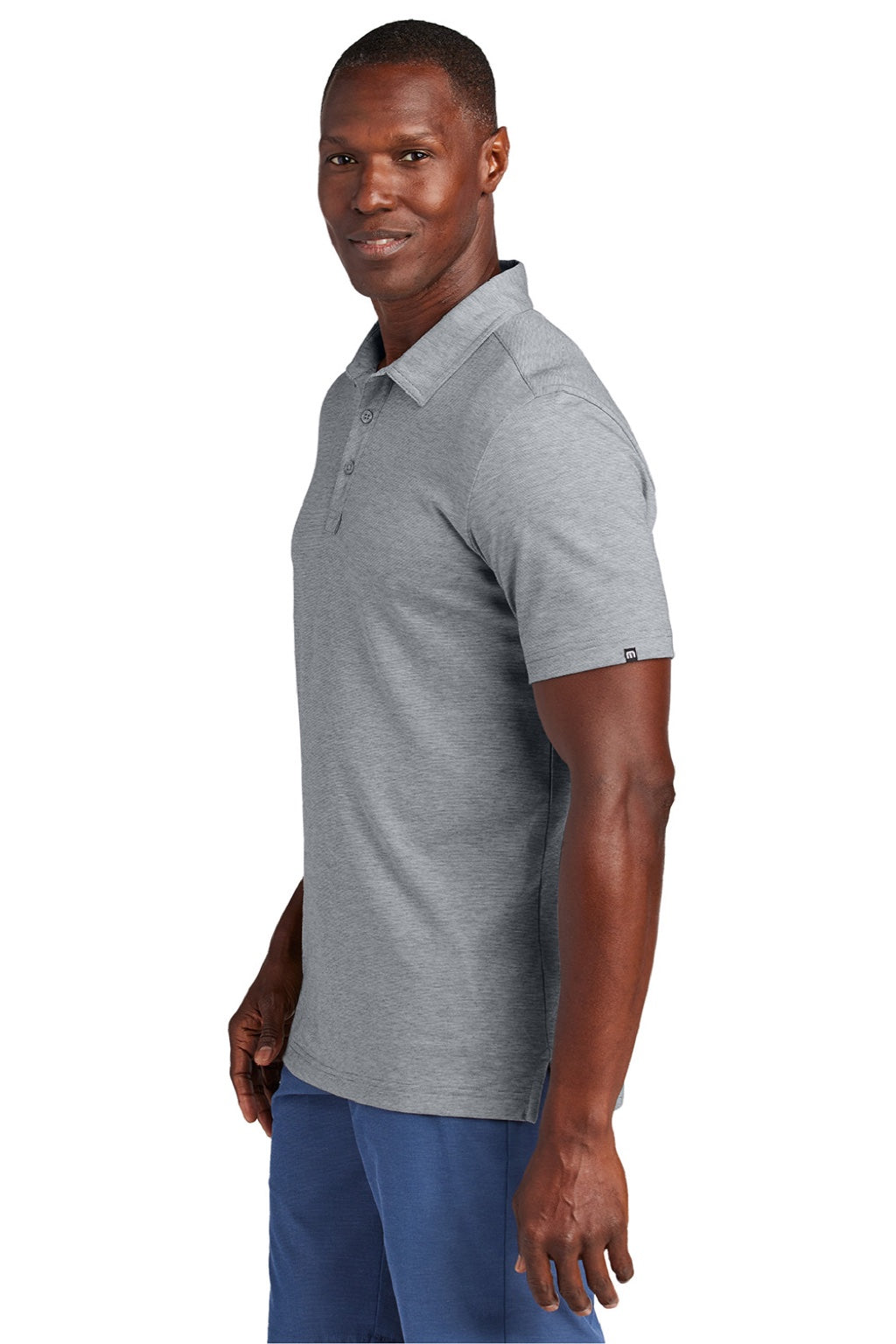 TravisMathew TM1MAA369 Mens Sunnyvale Wrinkle Resistant Short Sleeve Polo Shirt Heather Light Grey Model Side
