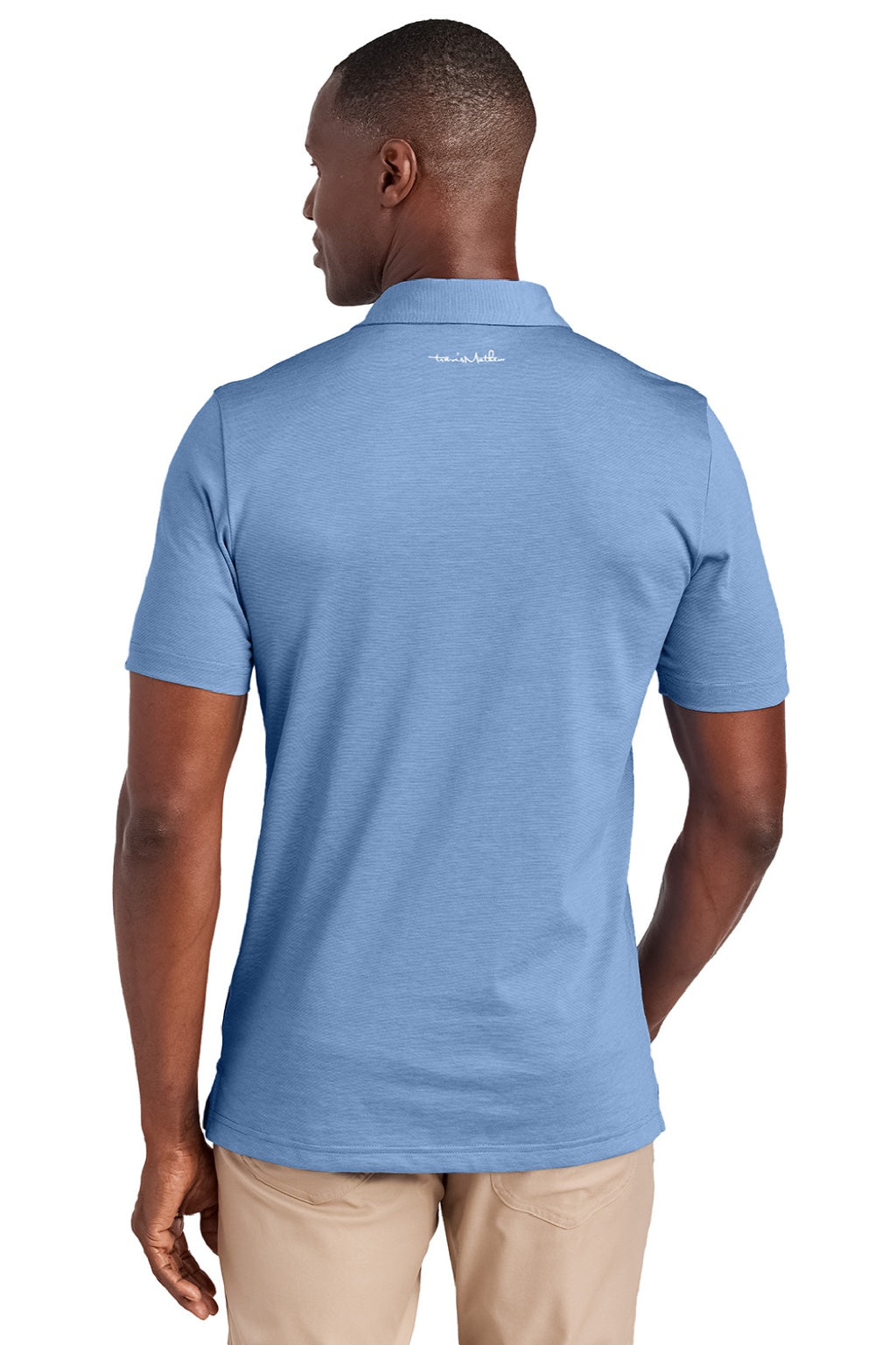 TravisMathew TM1MAA369 Mens Sunnyvale Wrinkle Resistant Short Sleeve Polo Shirt Heather Strong Blue Model Back