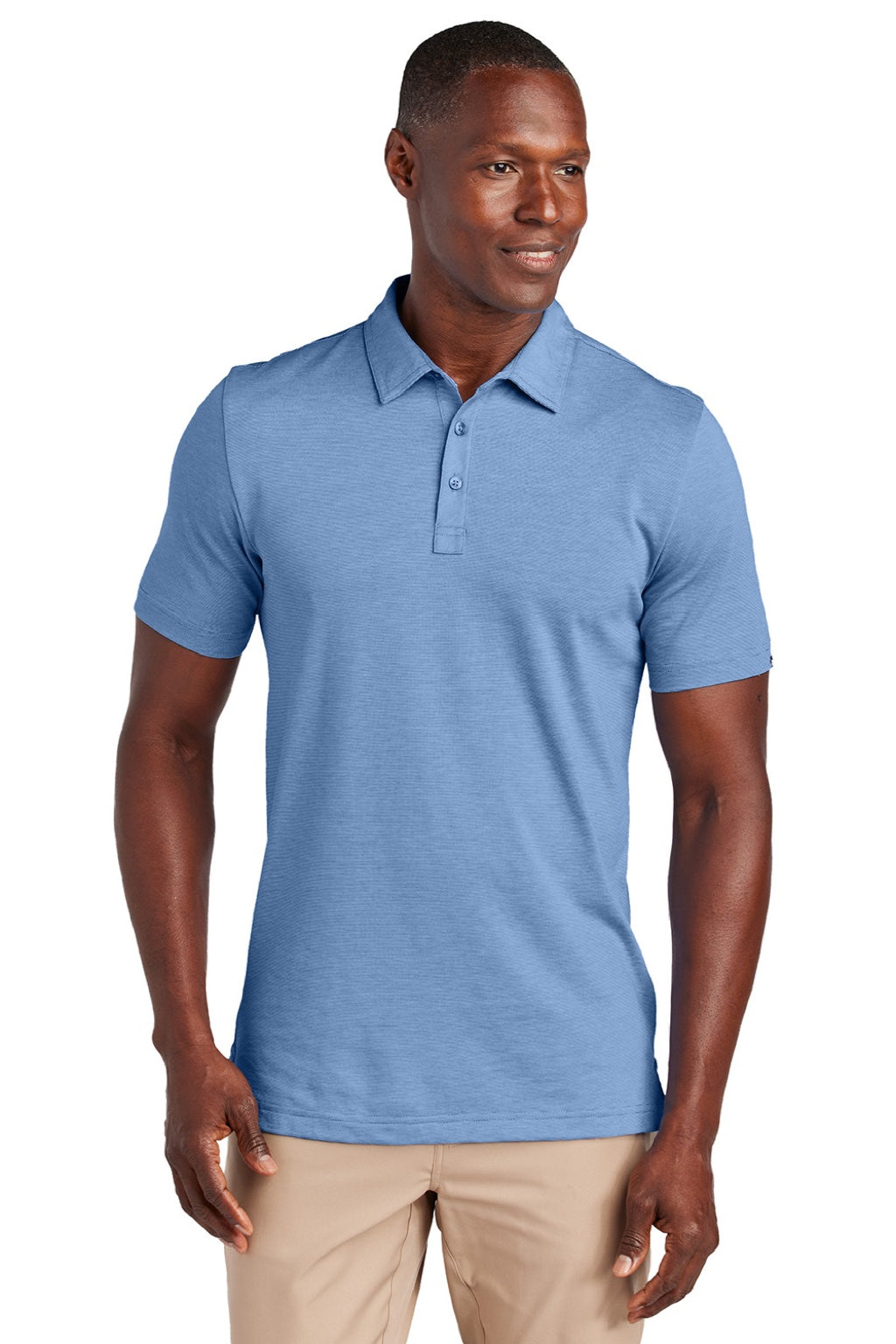 TravisMathew TM1MAA369 Mens Sunnyvale Wrinkle Resistant Short Sleeve Polo Shirt Heather Strong Blue Model Front