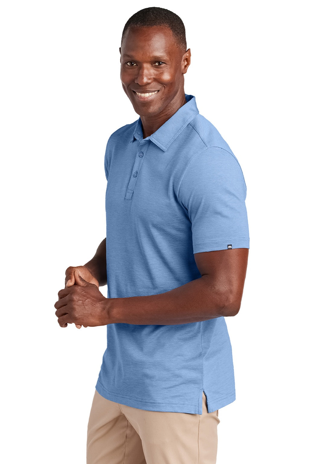 TravisMathew TM1MAA369 Mens Sunnyvale Wrinkle Resistant Short Sleeve Polo Shirt Heather Strong Blue Model Side