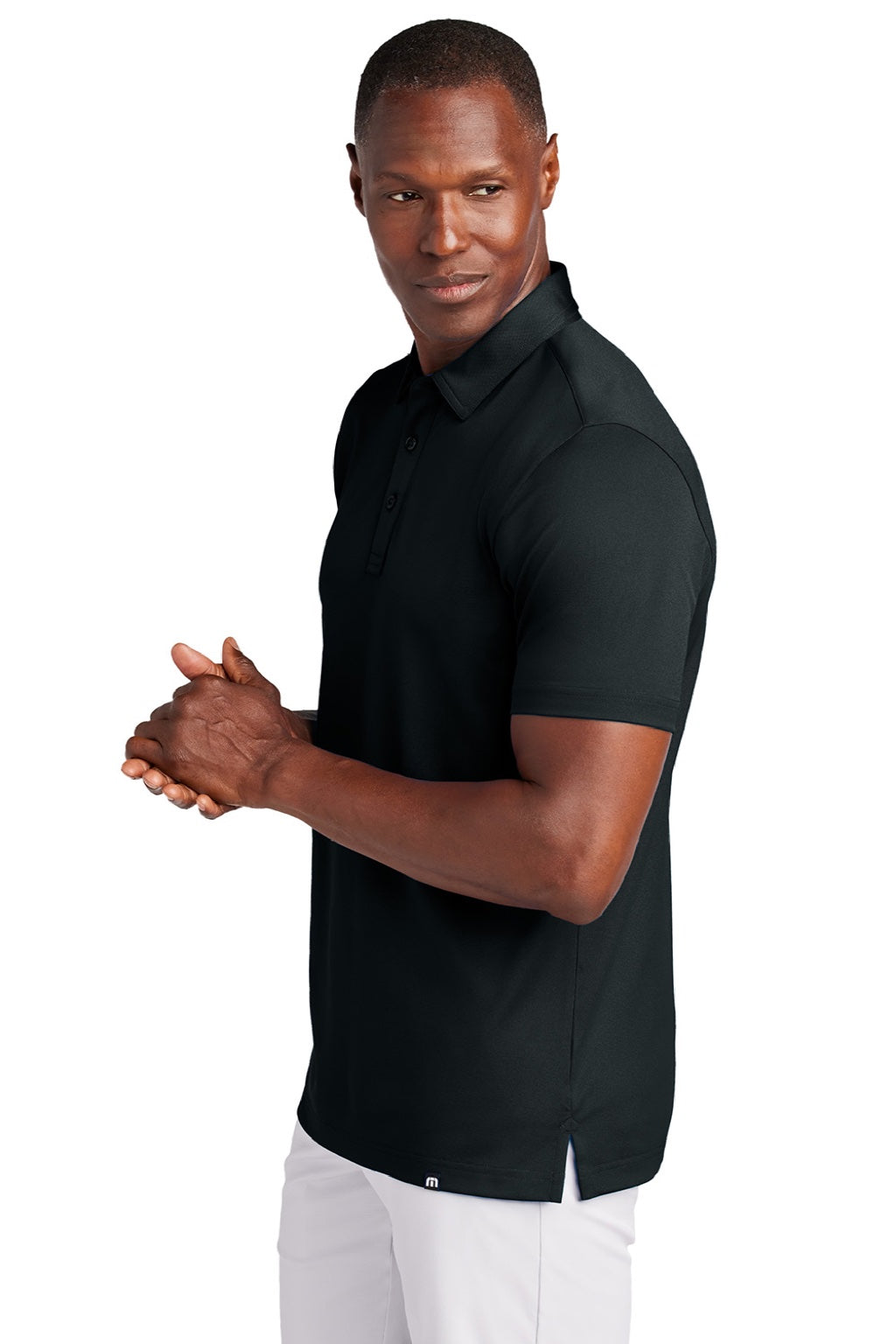 TravisMathew TM1MAA370 Mens Cabana Wrinkle Resistant Short Sleeve Polo Shirt Black Model Side