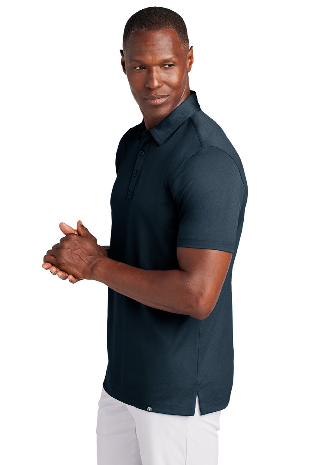 TravisMathew TM1MAA370 Mens Cabana Wrinkle Resistant Short Sleeve Polo Shirt Night Blue Model Side