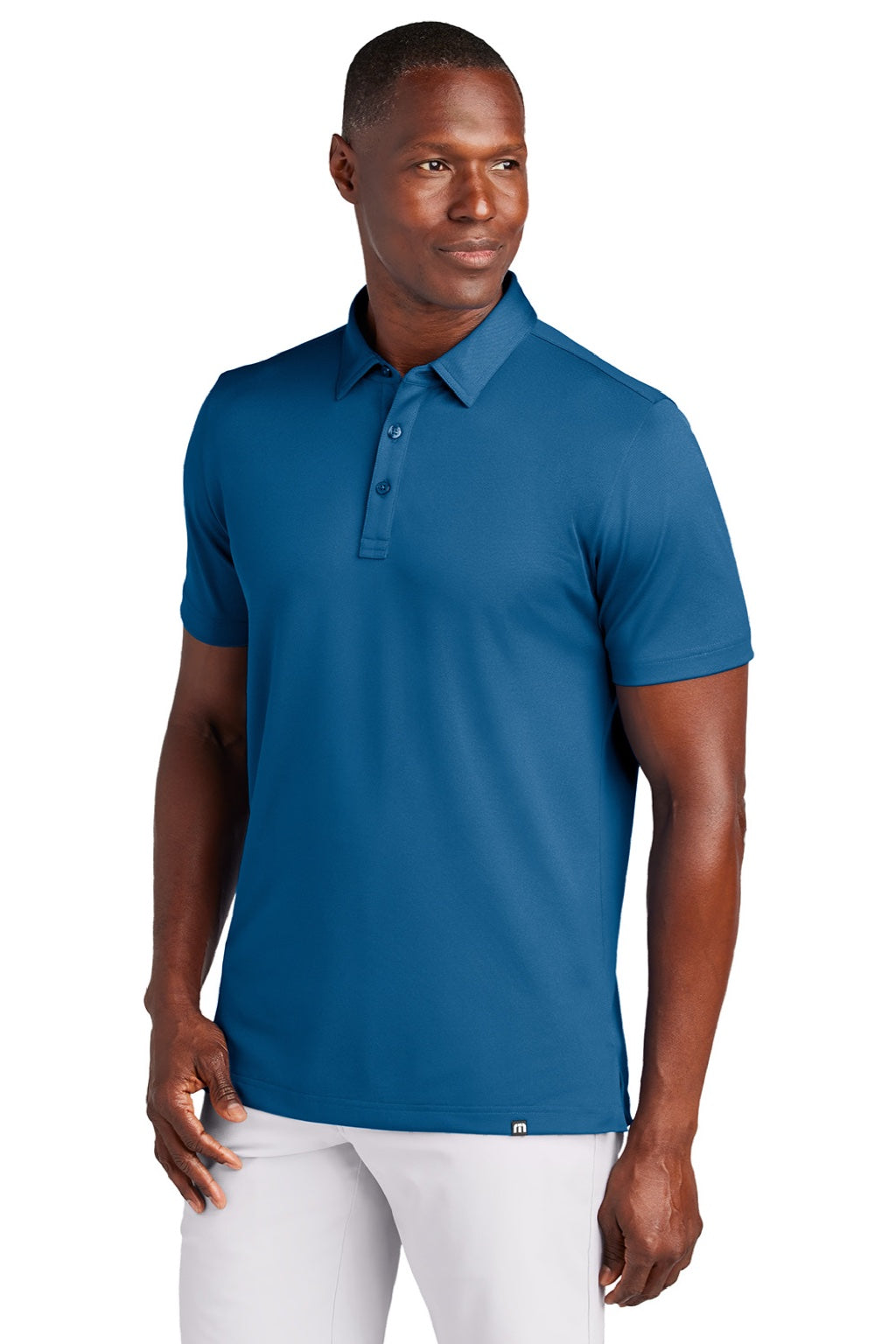 TravisMathew TM1MAA370 Mens Cabana Wrinkle Resistant Short Sleeve Polo Shirt Classic Blue Model Front