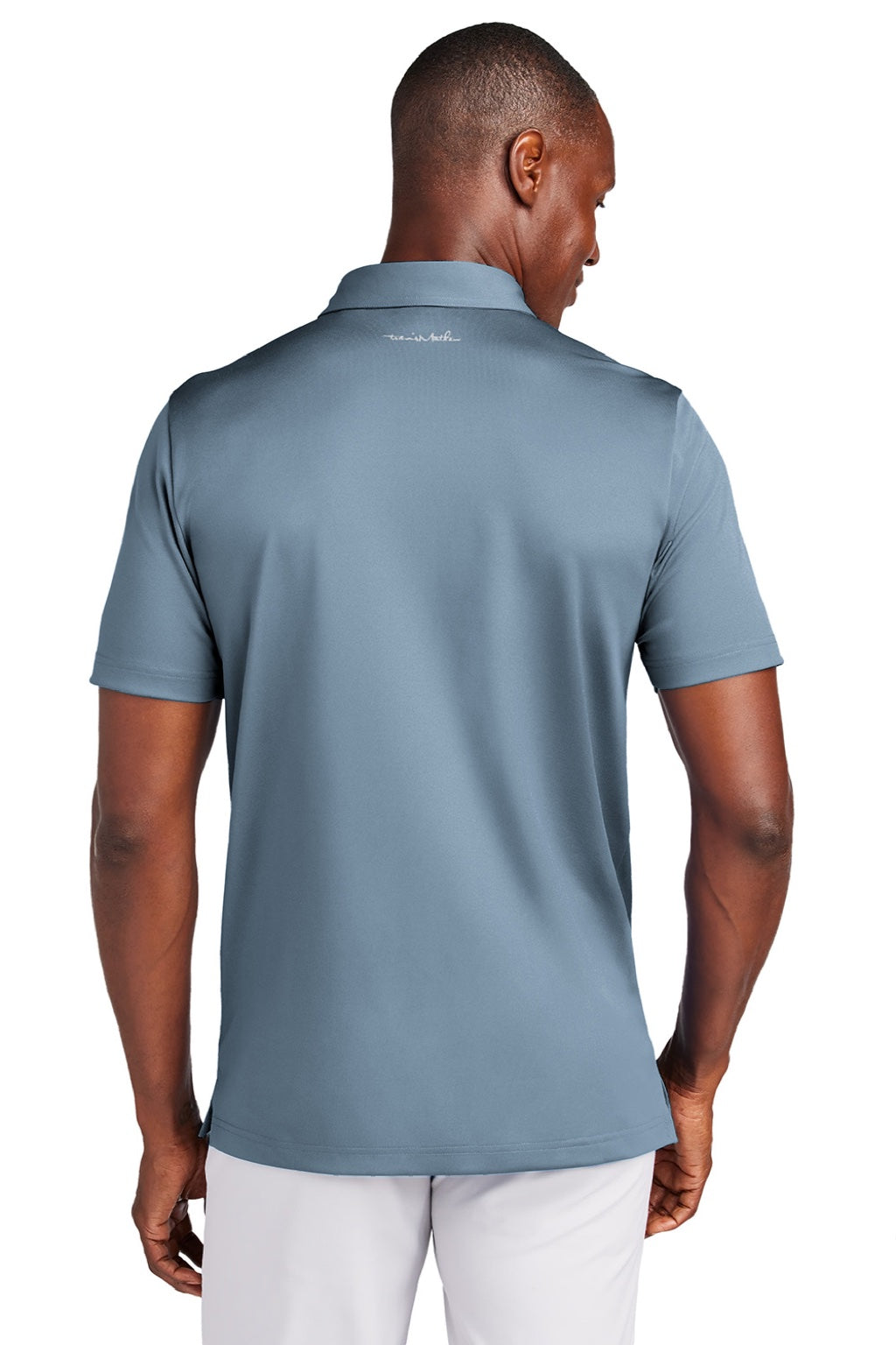 TravisMathew TM1MAA370 Mens Cabana Wrinkle Resistant Short Sleeve Polo Shirt Light Denim Blue Model Back