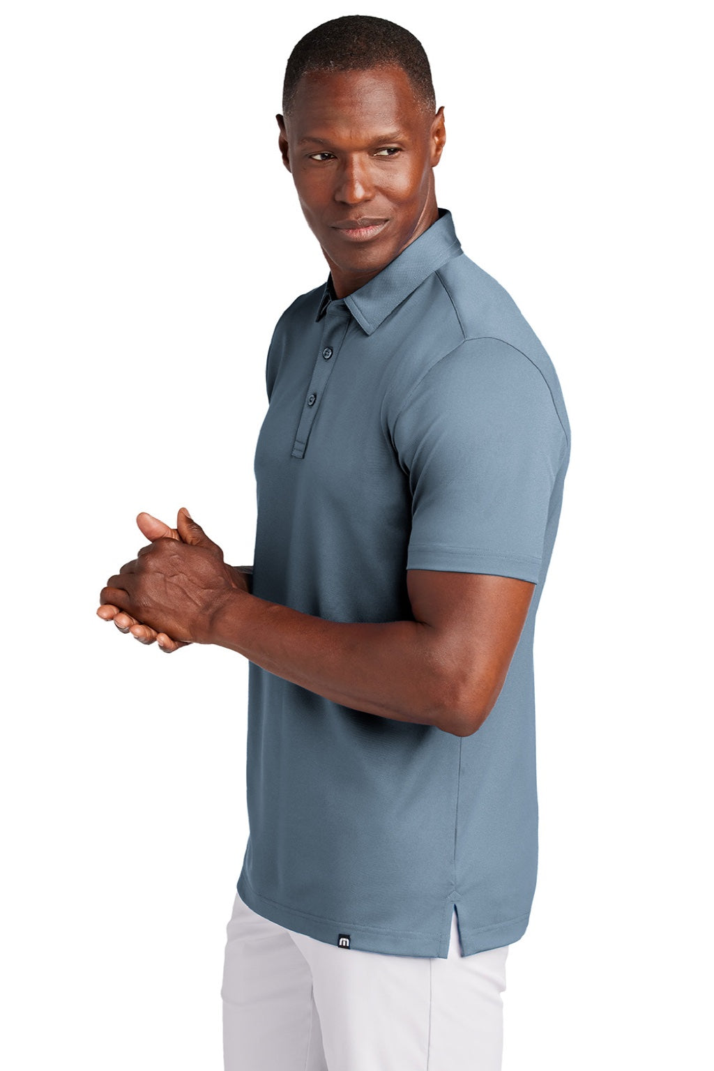 TravisMathew TM1MAA370 Mens Cabana Wrinkle Resistant Short Sleeve Polo Shirt Light Denim Blue Model Side