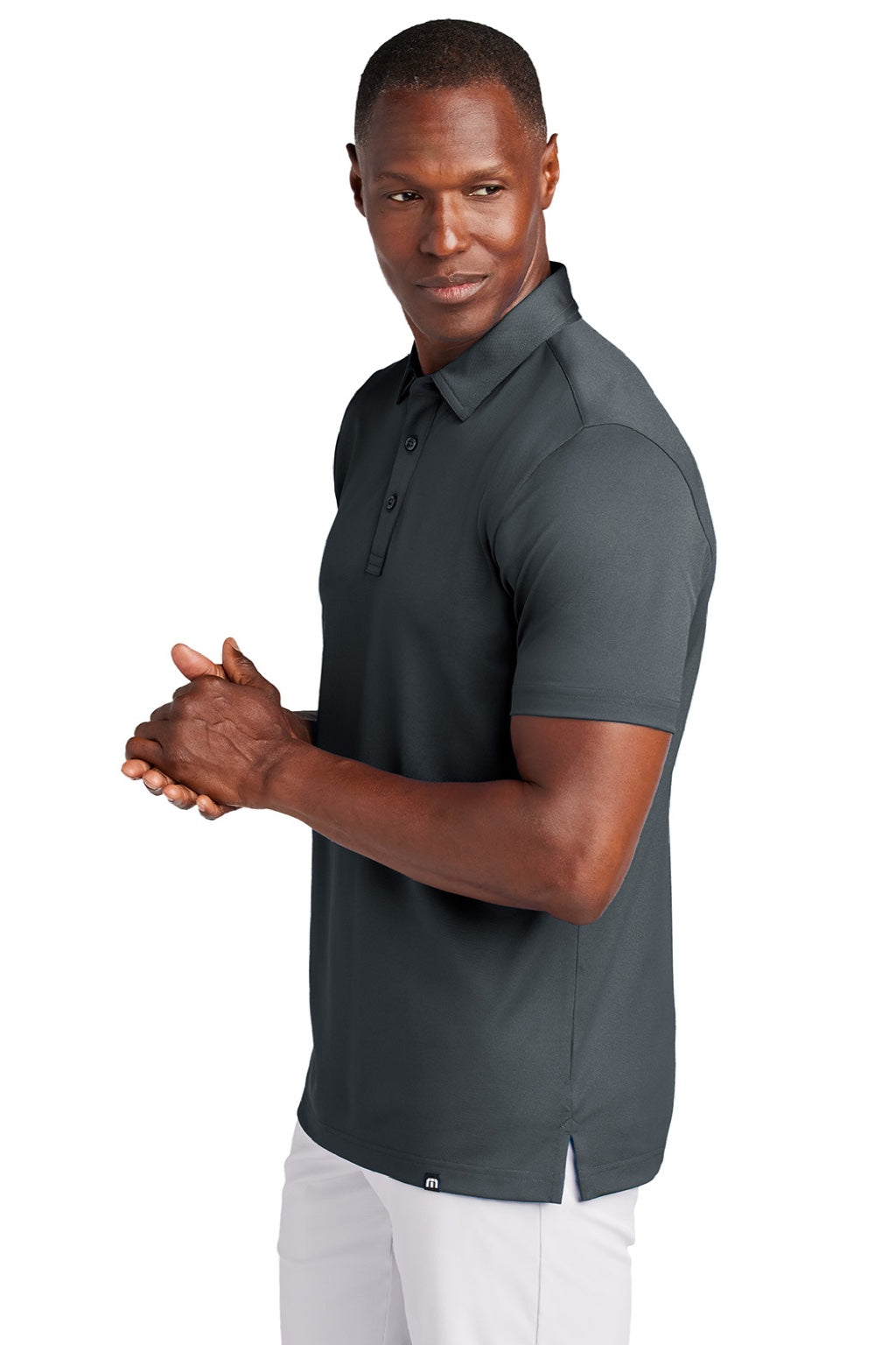 TravisMathew TM1MAA370 Mens Cabana Wrinkle Resistant Short Sleeve Polo Shirt Stormy Grey Model Side