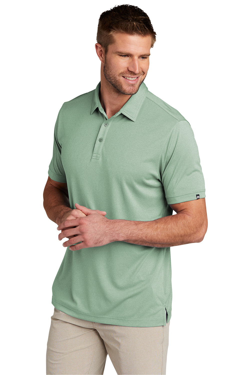 TravisMathew TM1MU410 Mens Coto Performance Moisture Wicking Short Sleeve Polo Shirt Heather Beryl Green Model 3Q