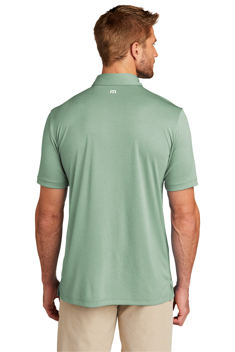 TravisMathew TM1MU410 Mens Coto Performance Moisture Wicking Short Sleeve Polo Shirt Heather Beryl Green Model Back