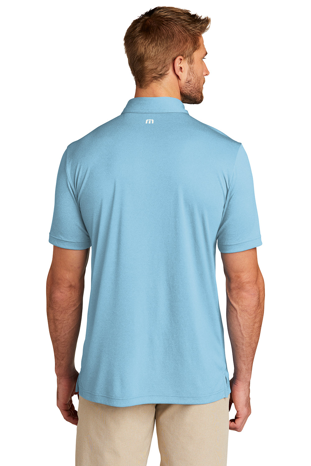TravisMathew TM1MU410 Mens Coto Performance Moisture Wicking Short Sleeve Polo Shirt Heather Brilliant Blue Model Back