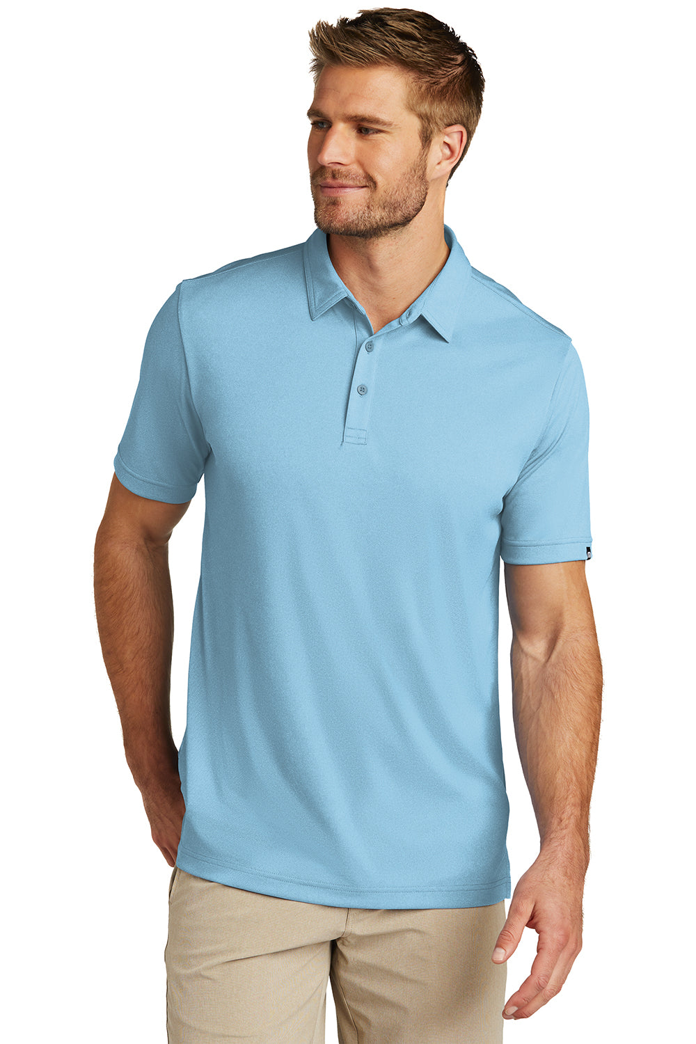 TravisMathew TM1MU410 Mens Coto Performance Moisture Wicking Short Sleeve Polo Shirt Heather Brilliant Blue Model Front