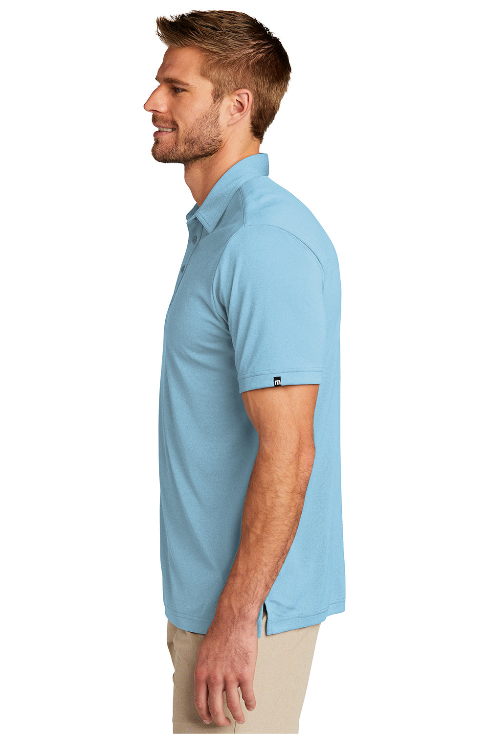 TravisMathew TM1MU410 Mens Coto Performance Moisture Wicking Short Sleeve Polo Shirt Heather Brilliant Blue Model Side
