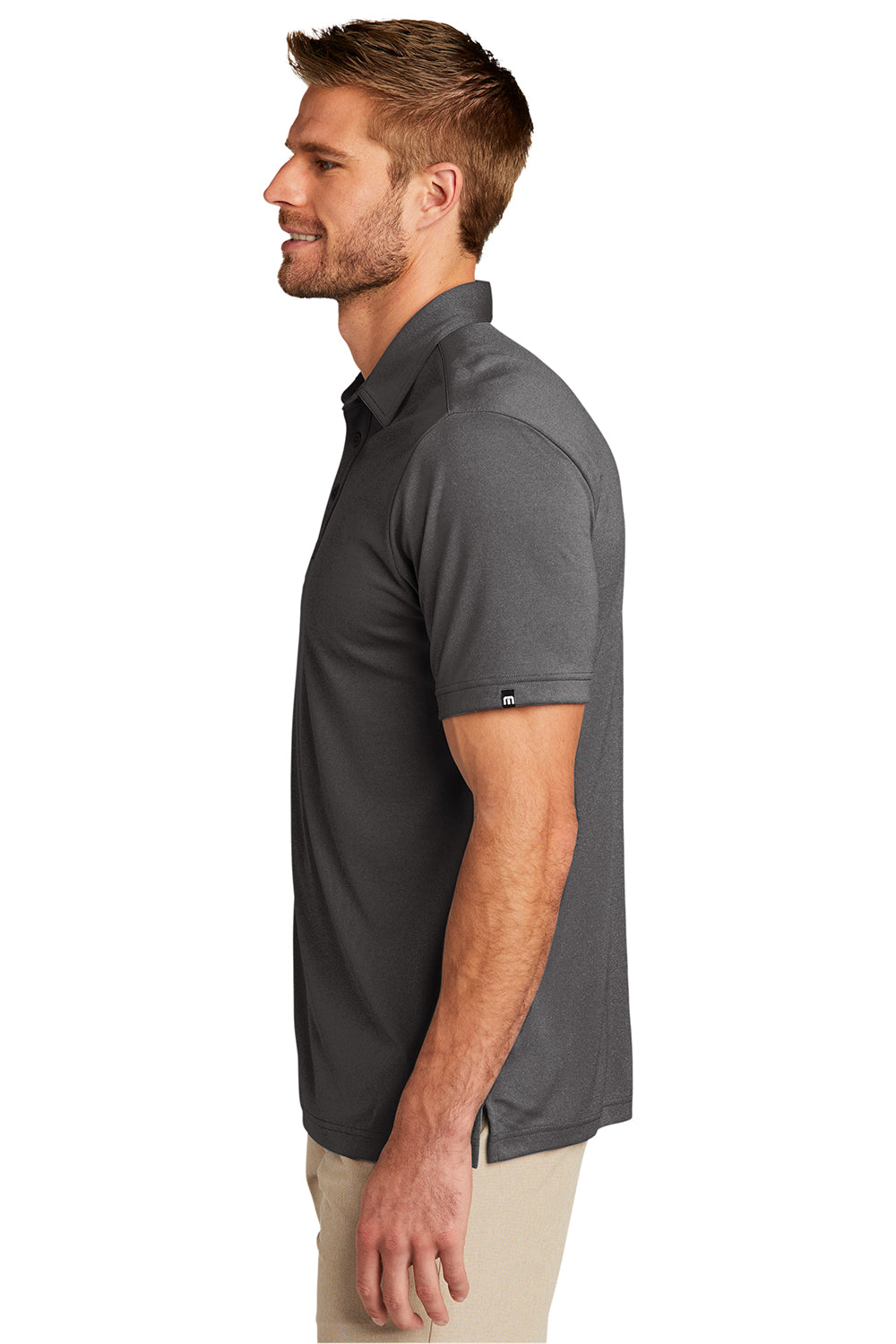 TravisMathew TM1MU410 Mens Coto Performance Moisture Wicking Short Sleeve Polo Shirt Quiet Shade Grey/Black Model Side