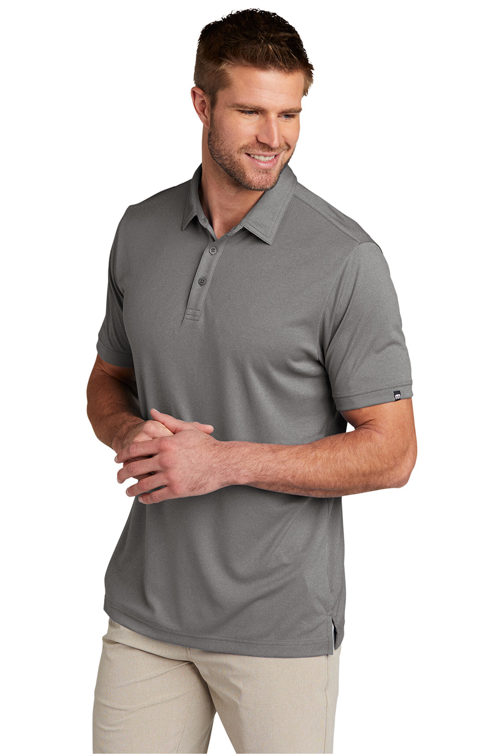 TravisMathew TM1MU410 Mens Coto Performance Moisture Wicking Short Sleeve Polo Shirt Heather Quiet Shade Grey Model 3Q