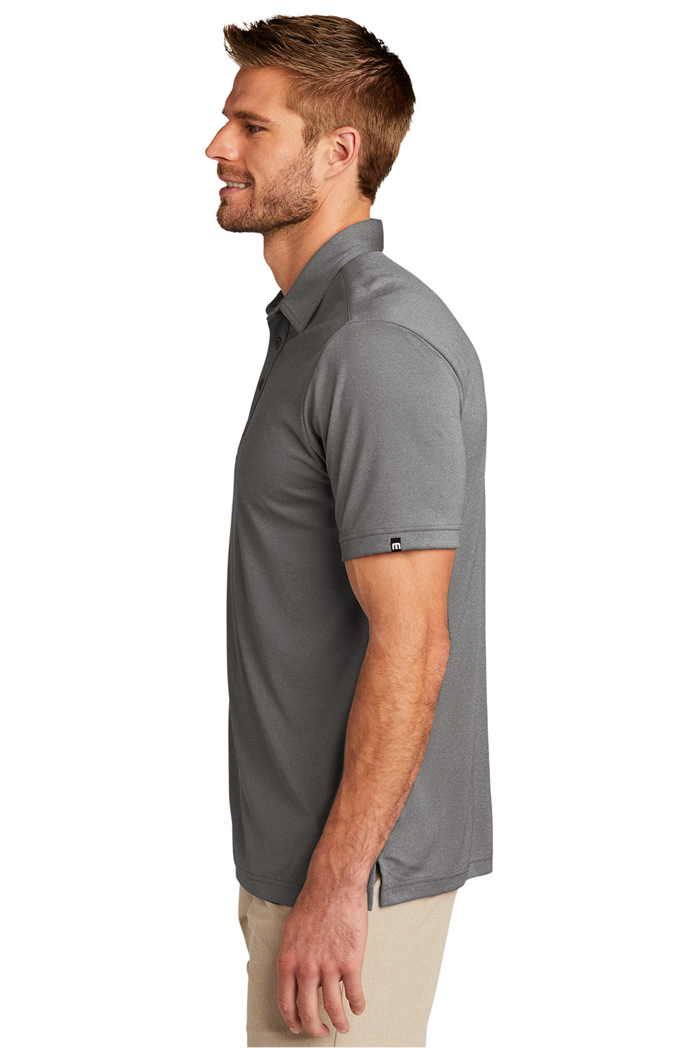 TravisMathew TM1MU410 Mens Coto Performance Moisture Wicking Short Sleeve Polo Shirt Heather Quiet Shade Grey Model Side