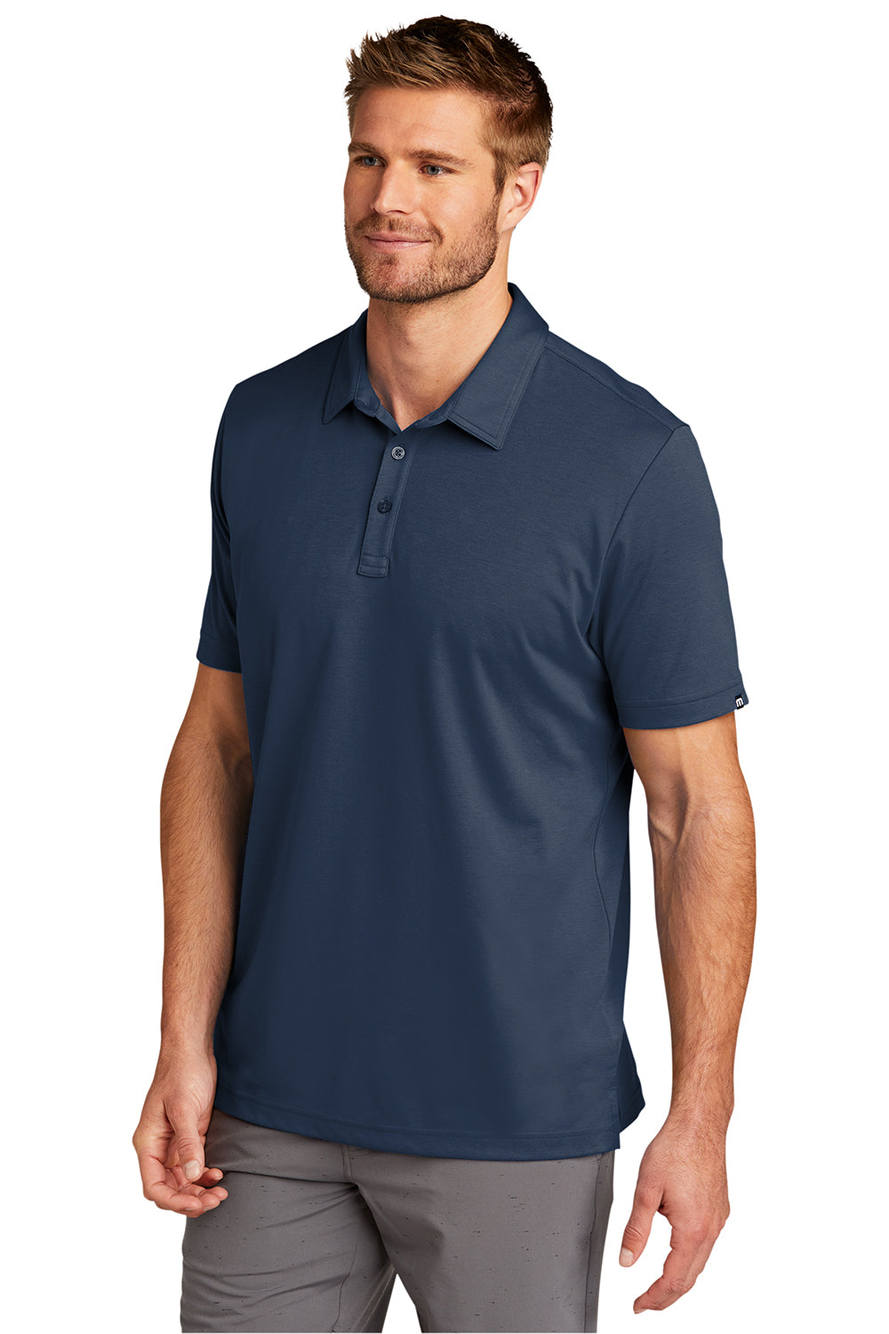 TravisMathew TM1MU411 Mens Oceanside Moisture Wicking Short Sleeve Polo Shirt Blue Nights Model 3Q