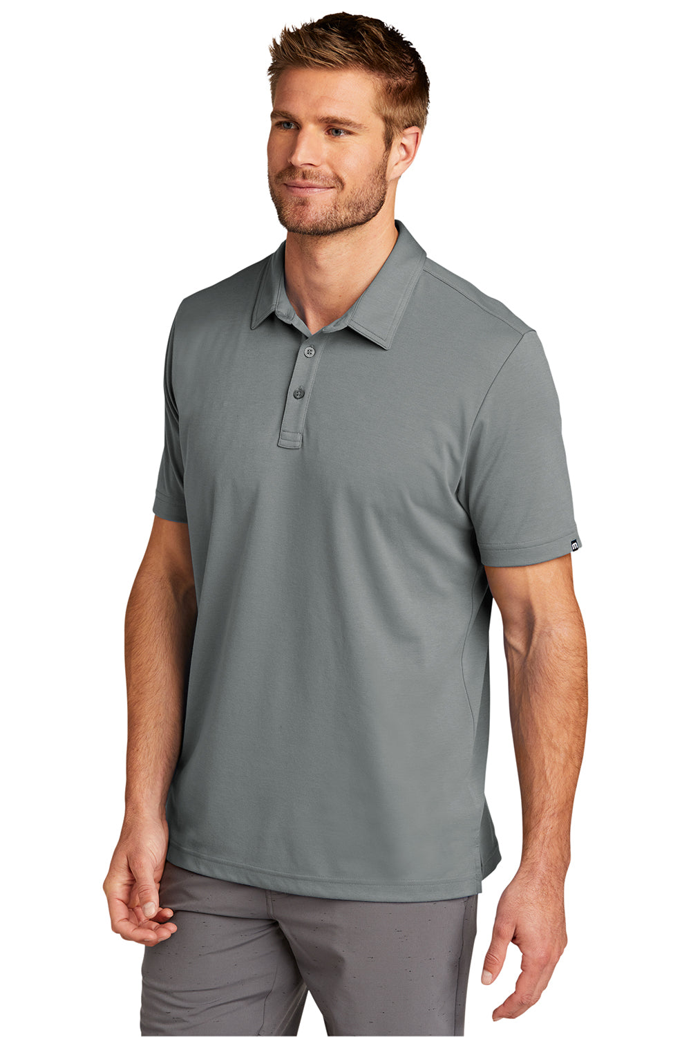 TravisMathew TM1MU411 Mens Oceanside Moisture Wicking Short Sleeve Polo Shirt Quiet Shade Grey Model 3Q