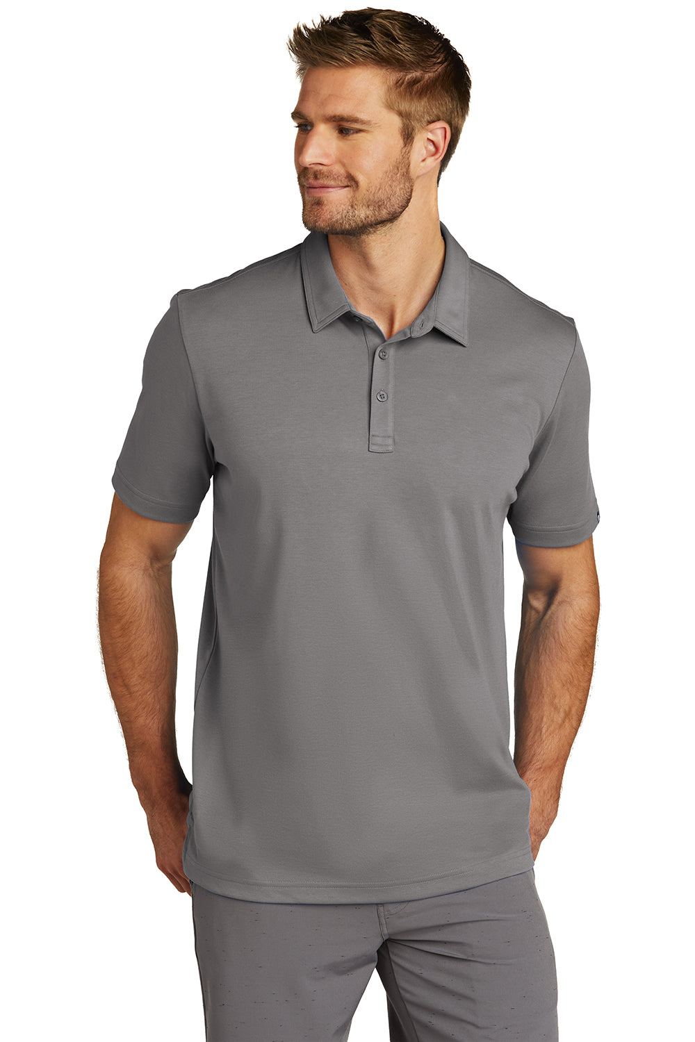 TravisMathew TM1MU411 Mens Oceanside Moisture Wicking Short Sleeve Polo Shirt Quiet Shade Grey Model Front