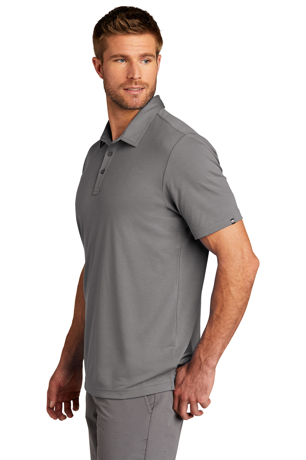 TravisMathew TM1MU411 Mens Oceanside Moisture Wicking Short Sleeve Polo Shirt Quiet Shade Grey Model Side