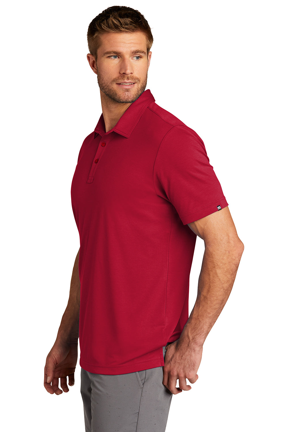 TravisMathew TM1MU411 Mens Oceanside Moisture Wicking Short Sleeve Polo Shirt Scooter Red Model Side