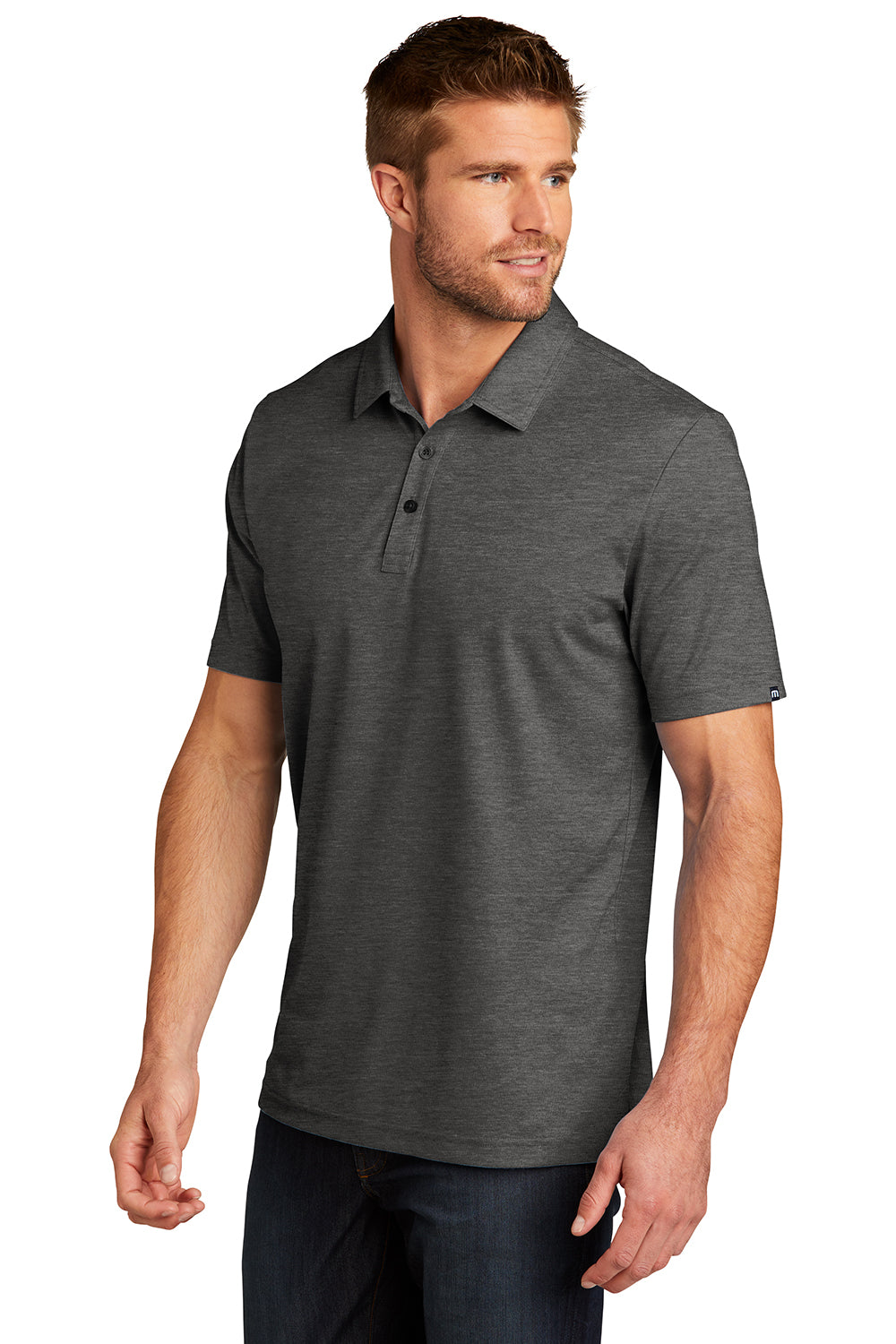 TravisMathew TM1MU412 Mens Oceanside Moisture Wicking Short Sleeve Polo Shirt Heather Black Model 3Q
