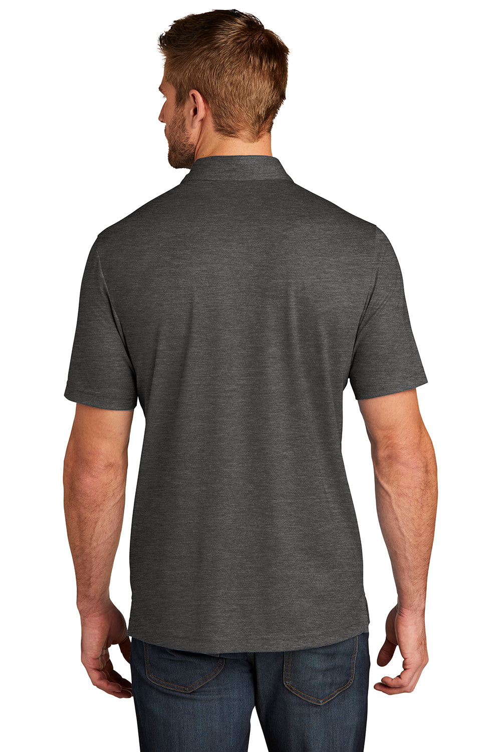 TravisMathew TM1MU412 Mens Oceanside Moisture Wicking Short Sleeve Polo Shirt Heather Black Model Back