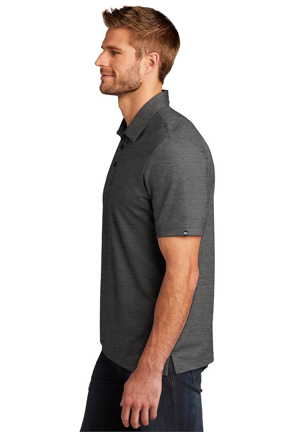 TravisMathew TM1MU412 Mens Oceanside Moisture Wicking Short Sleeve Polo Shirt Heather Black Model Side