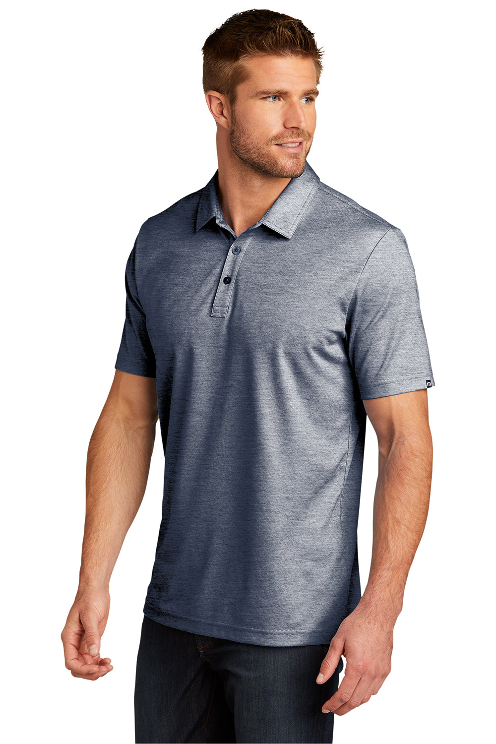 TravisMathew TM1MU412 Mens Oceanside Moisture Wicking Short Sleeve Polo Shirt Heather Blue Nights Model 3Q