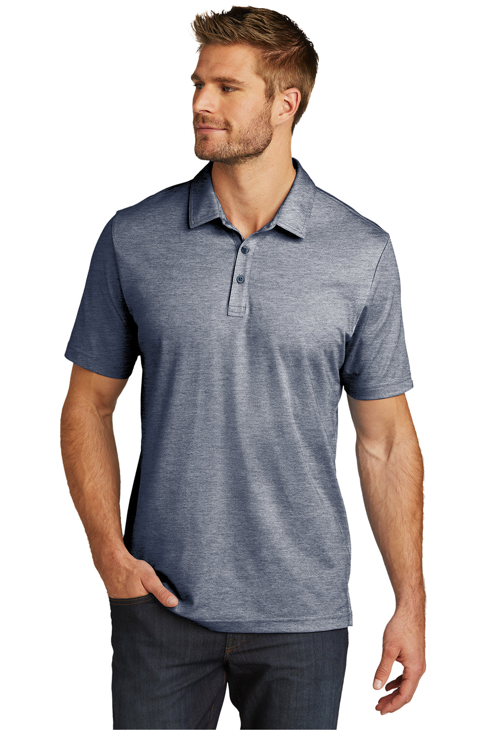 TravisMathew TM1MU412 Mens Oceanside Moisture Wicking Short Sleeve Polo Shirt Heather Blue Nights Model Front