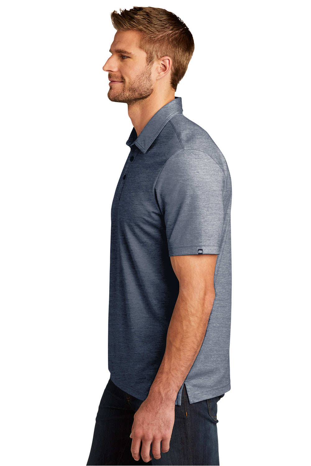 TravisMathew TM1MU412 Mens Oceanside Moisture Wicking Short Sleeve Polo Shirt Heather Blue Nights Model Side