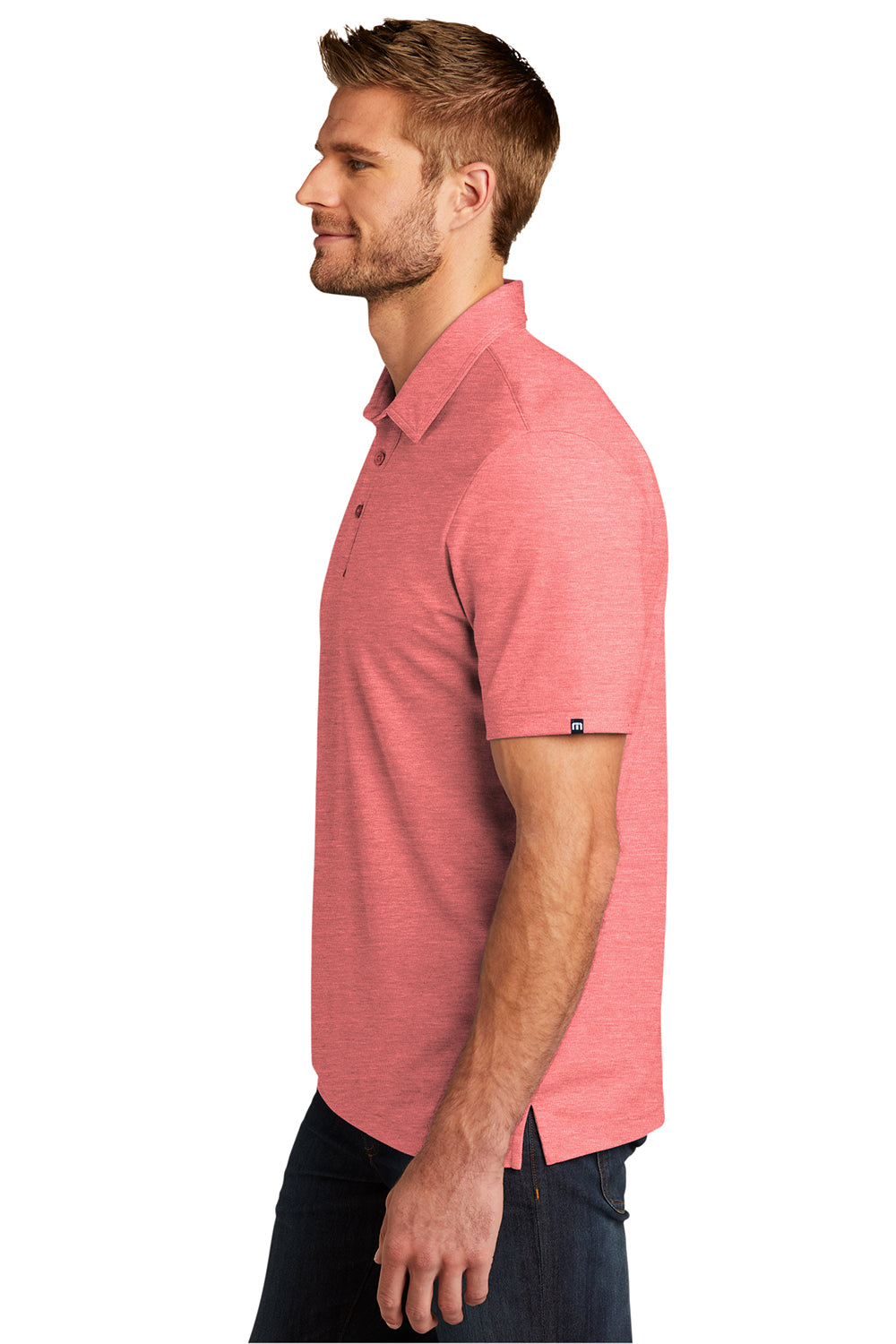 TravisMathew TM1MU412 Mens Oceanside Moisture Wicking Short Sleeve Polo Shirt Heather Cardinal Red Model Side