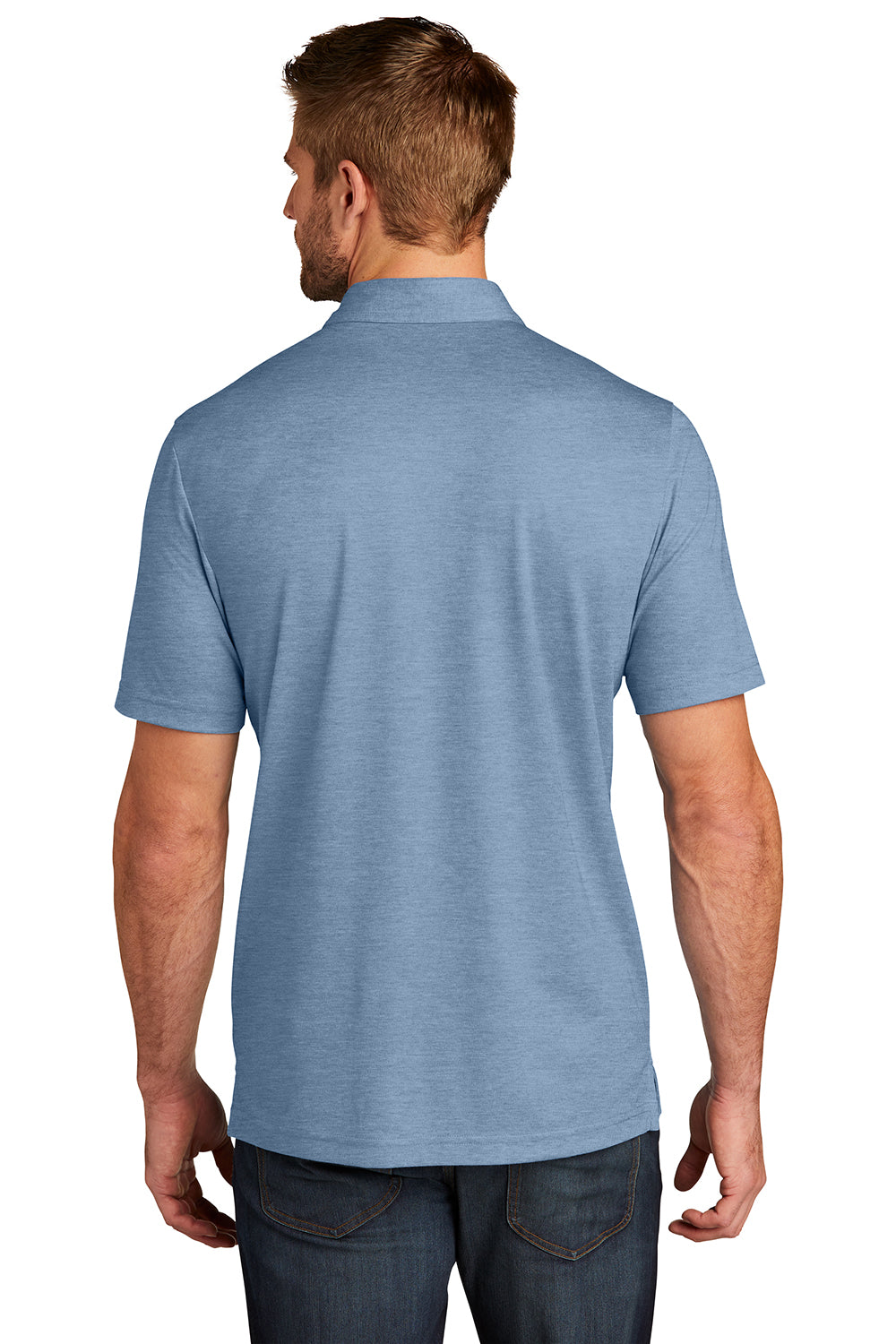 TravisMathew TM1MU412 Mens Oceanside Moisture Wicking Short Sleeve Polo Shirt Heather Classic Blue Model Back